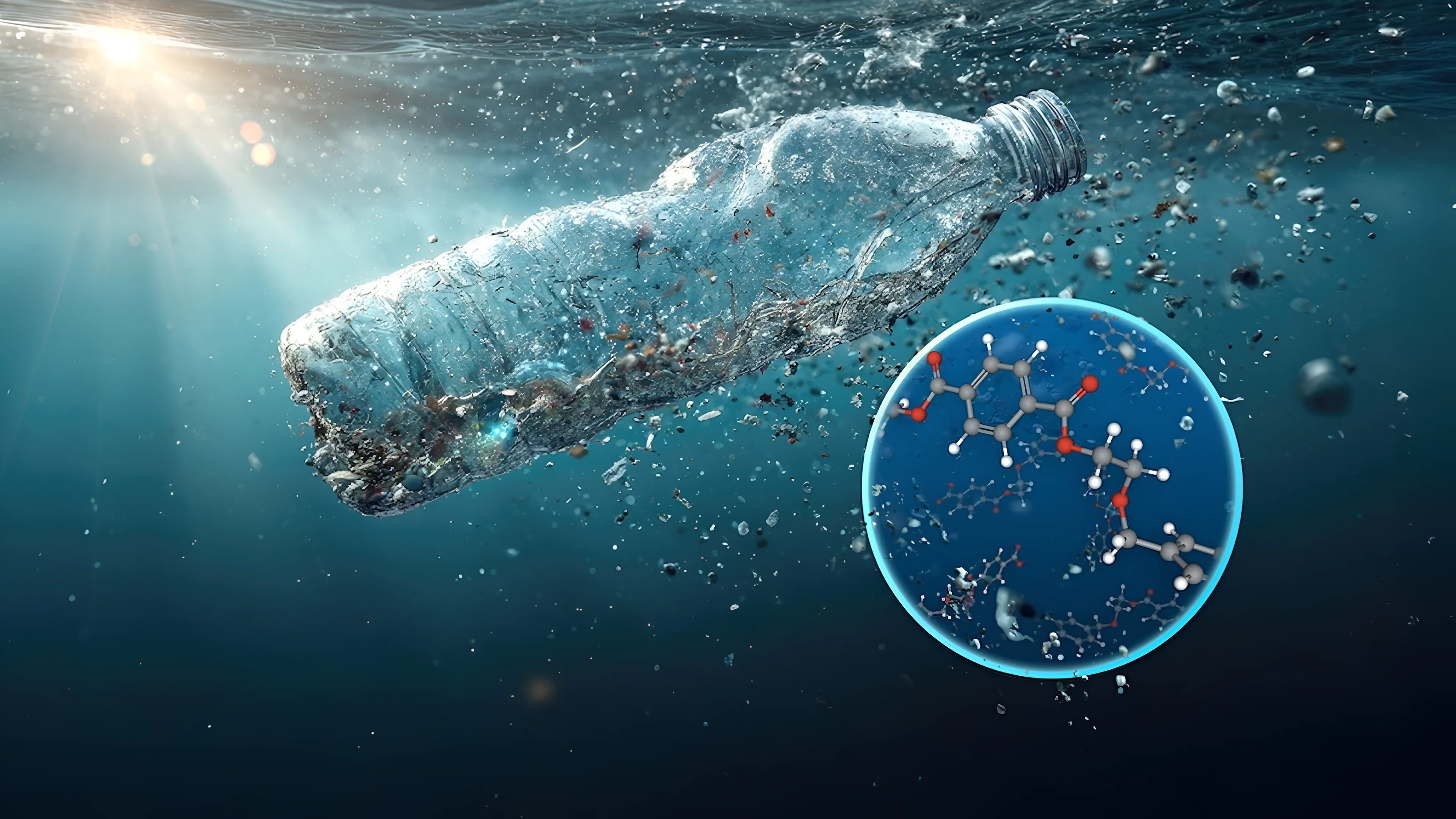 Nanoplastics from disposable bottles and cutlery polluting North Atlantic water. Credit: Ittipol (Adobe Stock) / Sebasti