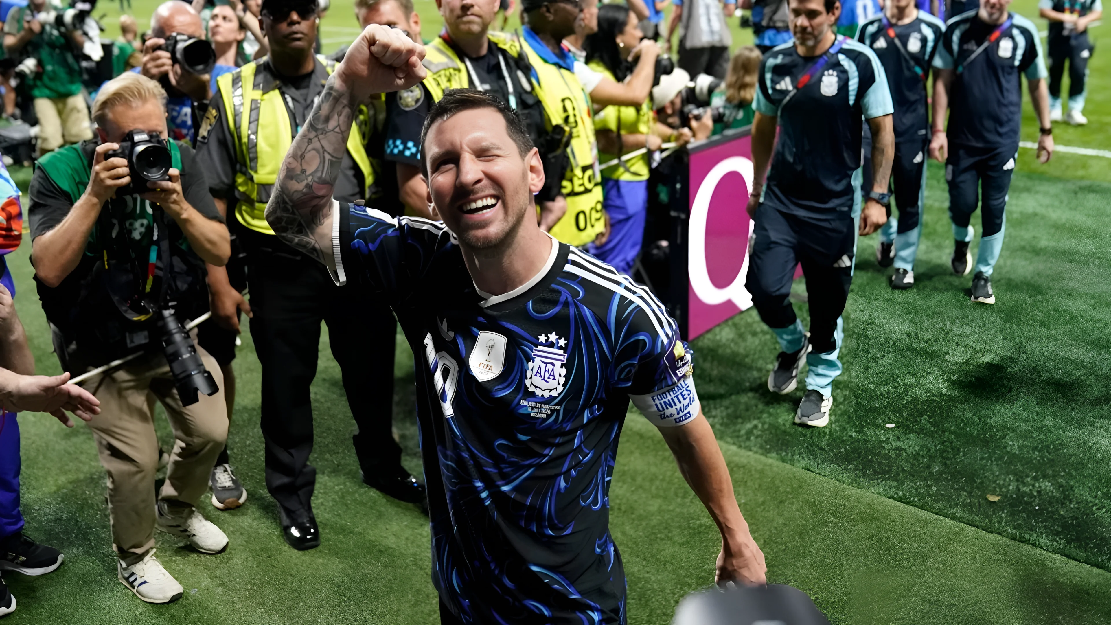 Lionel Messi of Argentina celebrates World Cup semifinal win vs England in Atlanta. (AP Photo/Jacob Kupferman)