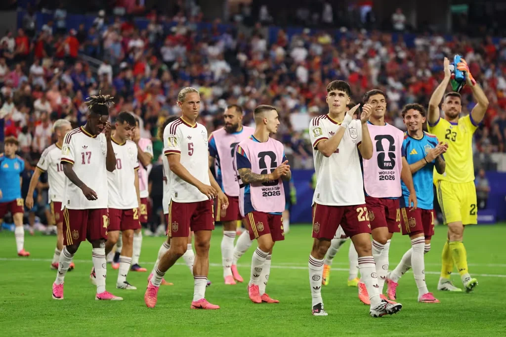 Pau Cubarsi of Spain applauds fans after World Cup semifinal win against France in Arlington. (Photo by Maja Hitij - FIFA/FIFA via Getty Images)
