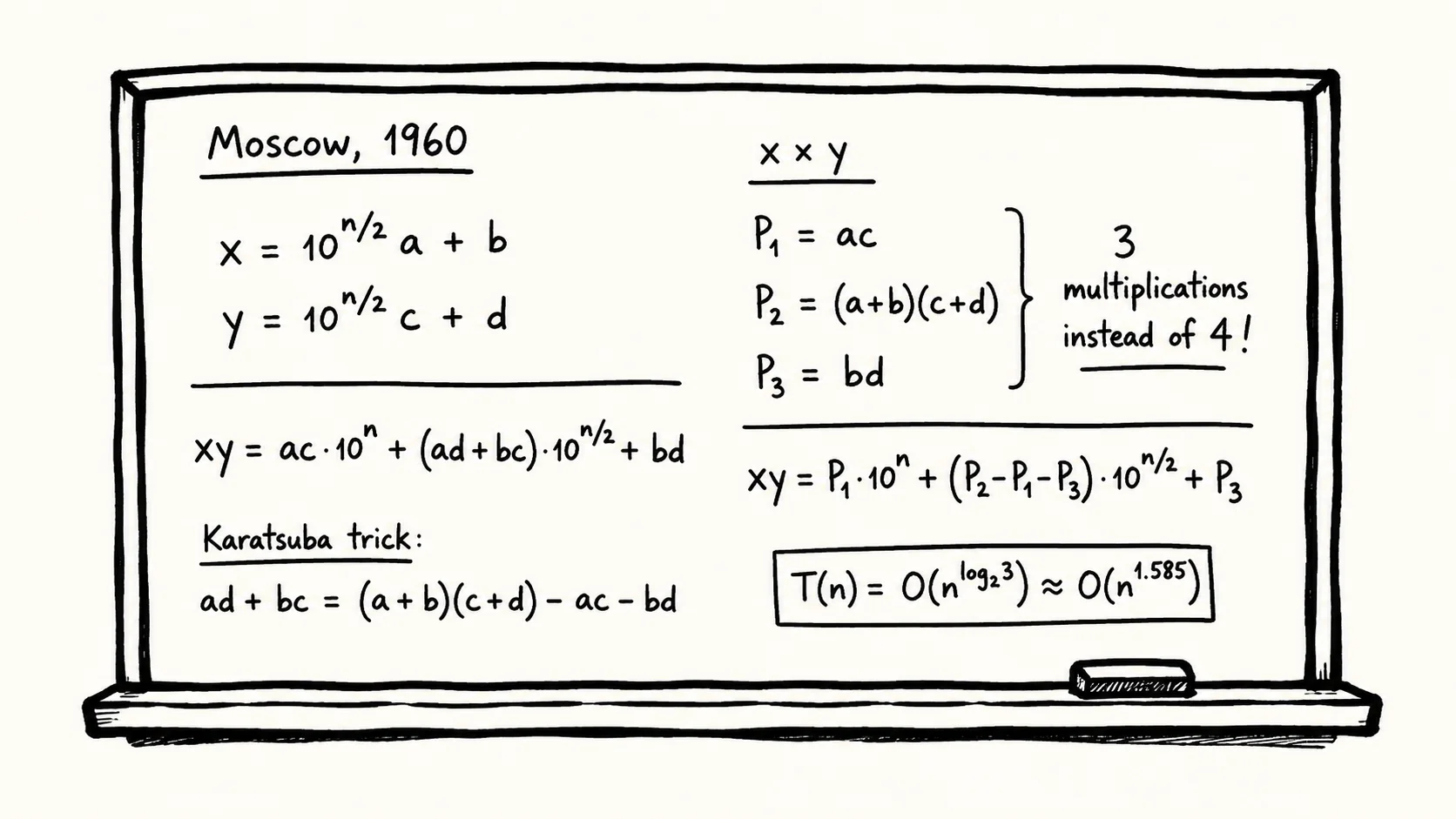 A chalkboard showing the mathematical proof of Karatsuba's multiplication algorithm, reducing multiplications from 4 to 