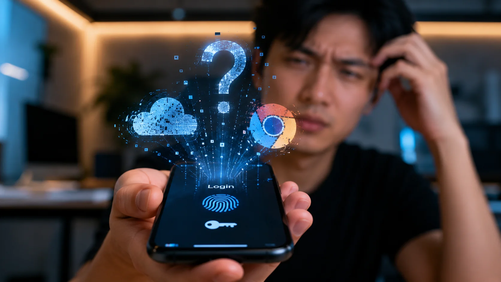 A user looking confused while trying to log in with a passkey on a smartphone.