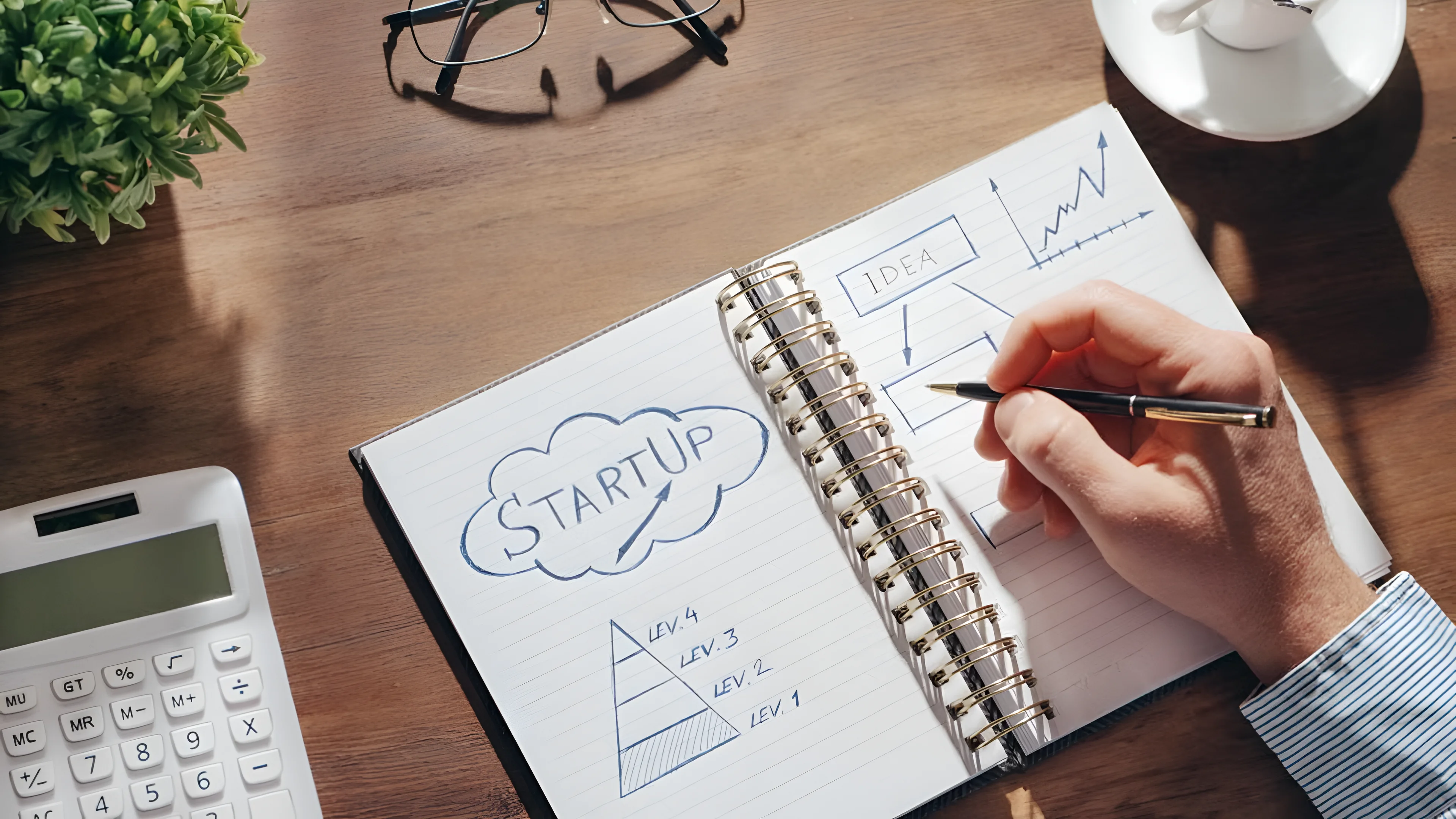 A hand writing the word "STARTUP" in a notebook on a wooden desk next to a calculator, glasses, and a coffee cup. Credit