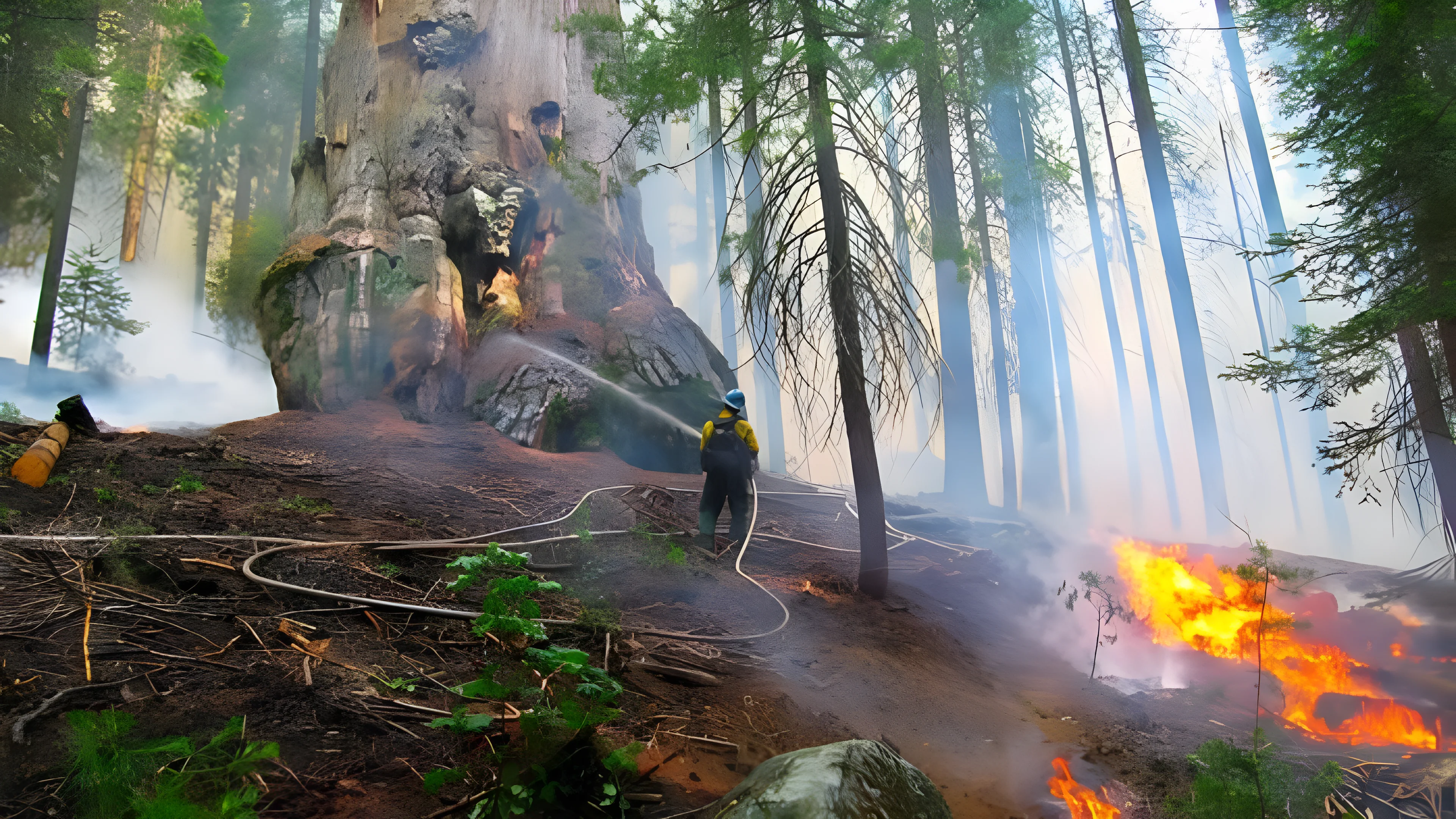 A forester sprays a giant sequoia tree during a controlled burn in Kings Canyon National Park. Credit Anthony Caprio/Nat