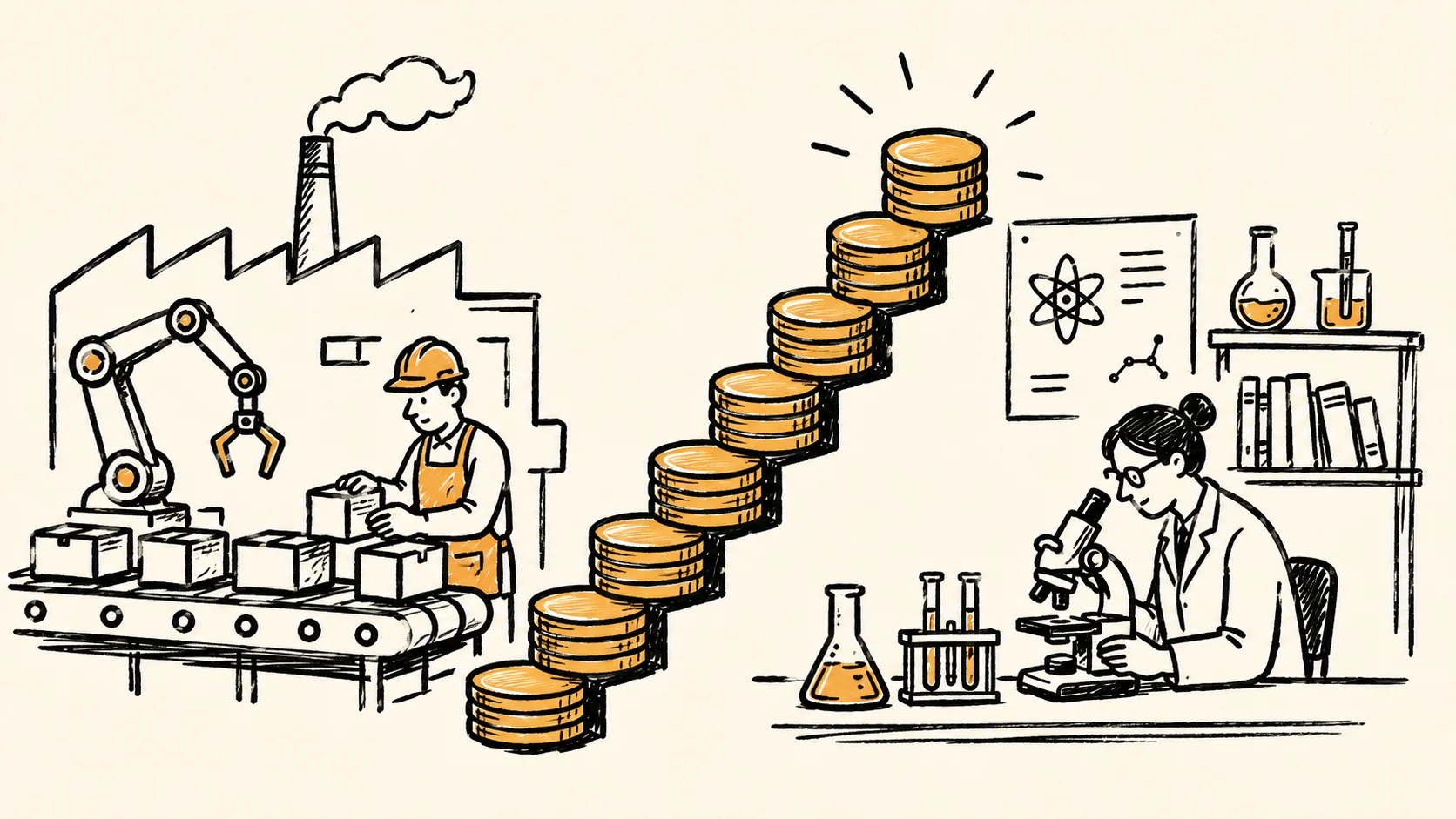 Factory assembly line and research lab separated by a coin staircase.