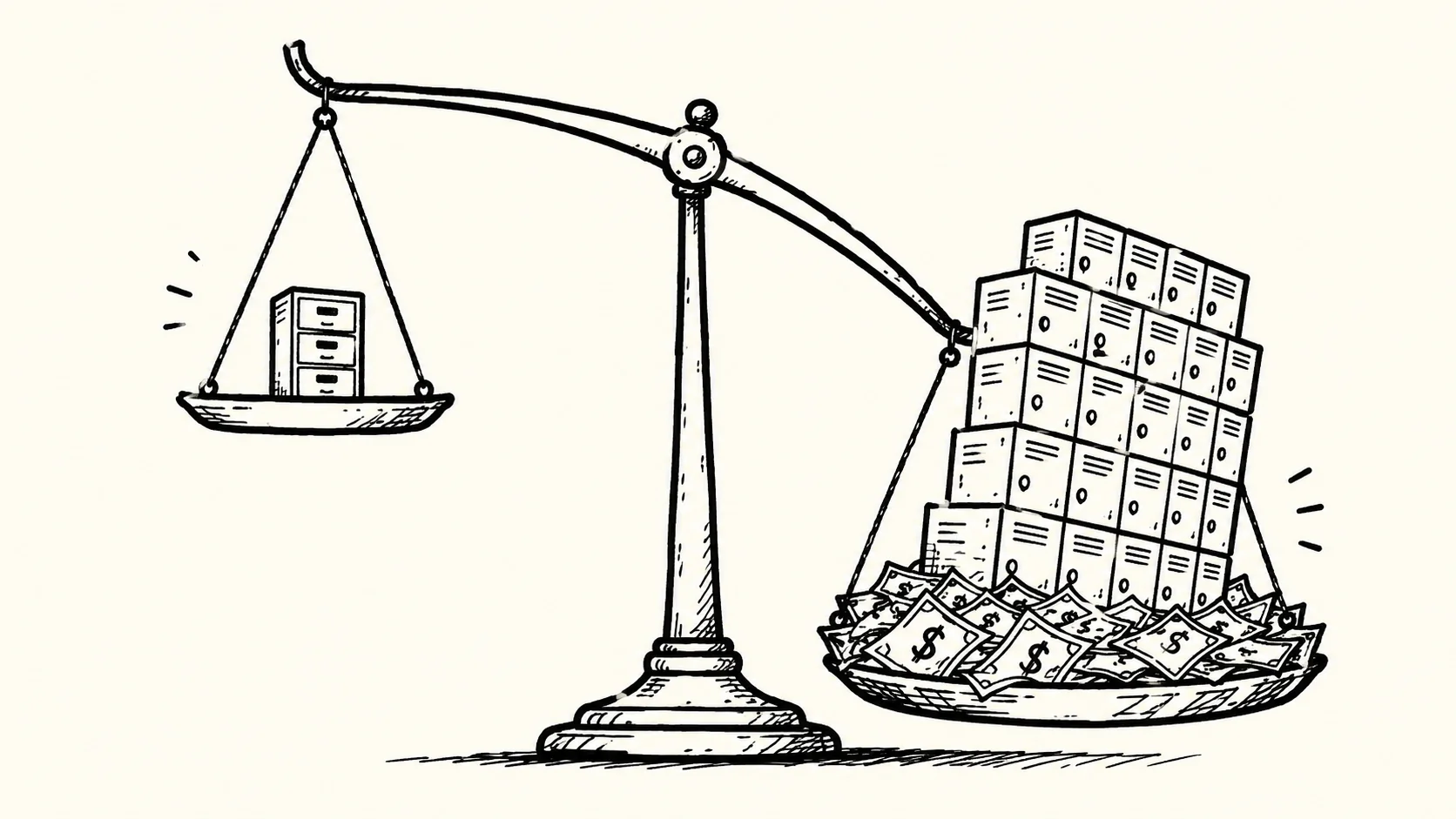 Minimalist line illustration comparing PostgreSQL and DynamoDB costs using a scale with a filing cabinet and money-weigh