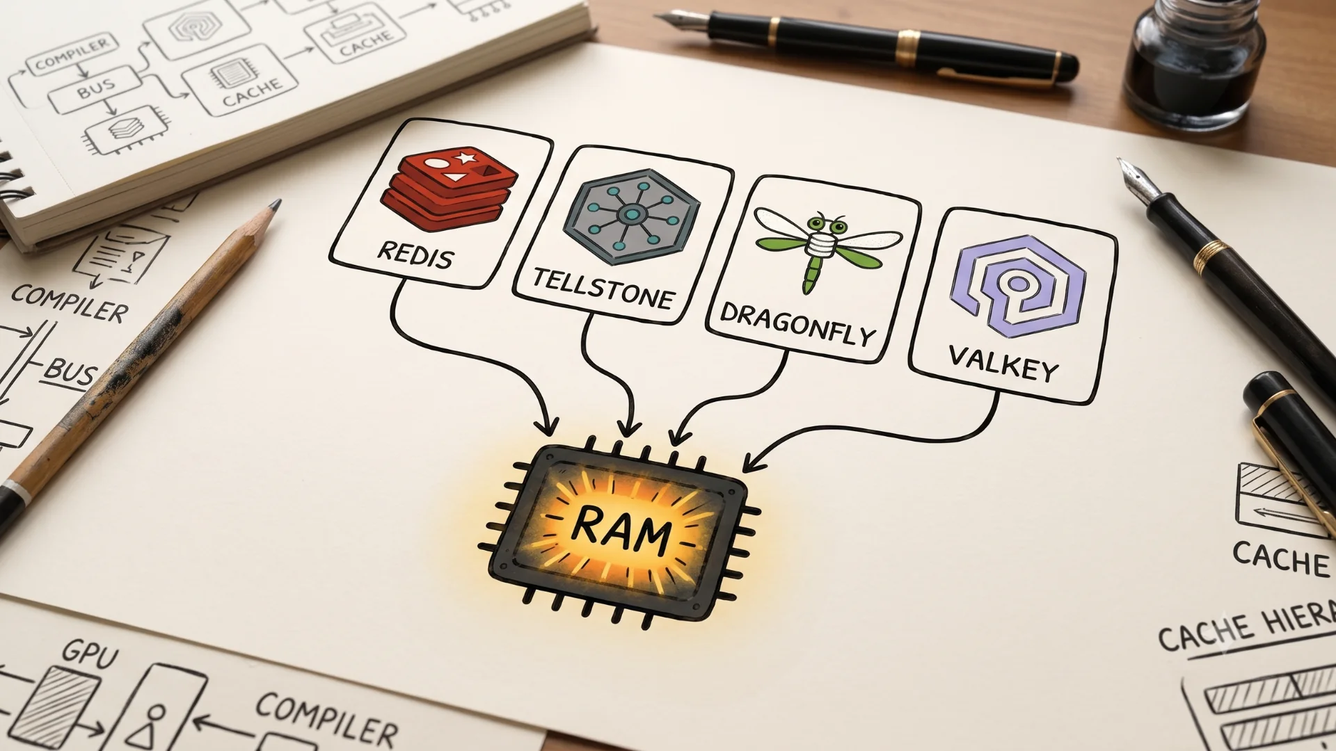 Hand-drawn diagram showing Redis, Tellstone, Dragonfly, and Valkey connected to a glowing central RAM chip.