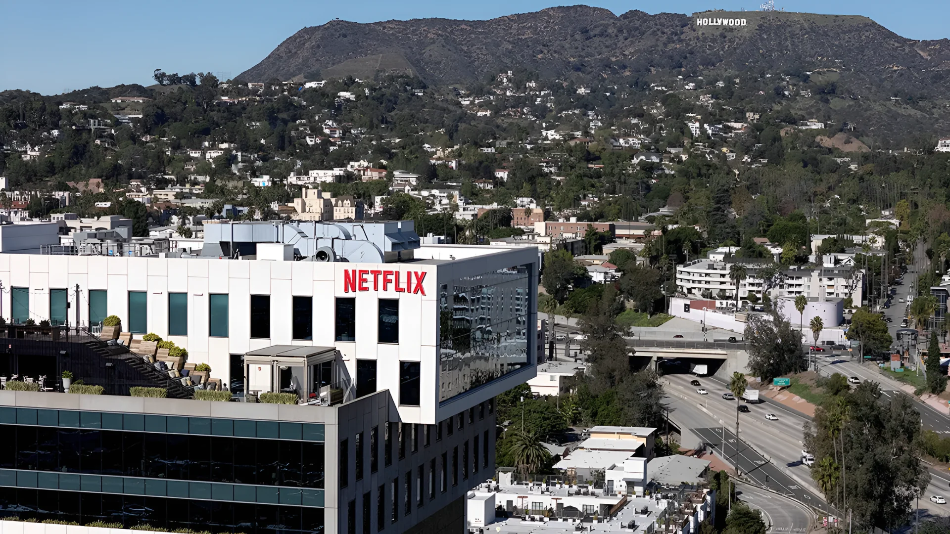 A drone view shows the Netflix logo on one of its buildings in the Hollywood neighborhood of Los Angeles, California, De