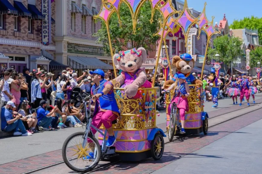 Duffy (right) and ShellieMay (left) are pictured during the “Celebrate Happy Cavalcade” at Disneyland Resort during the park’s 70th anniversary festivities. (Richard Harbaugh/Disneyland Resort)
