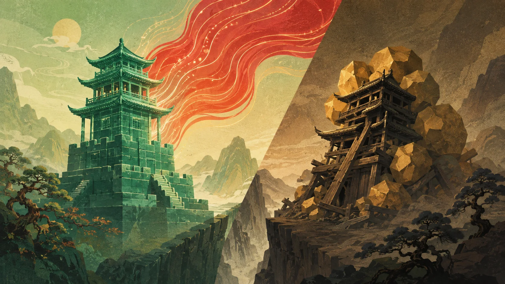 Split Guofeng digital illustration contrasting a flourishing emerald jade tower with a collapsing wooden tower crushed by heavy boulders.