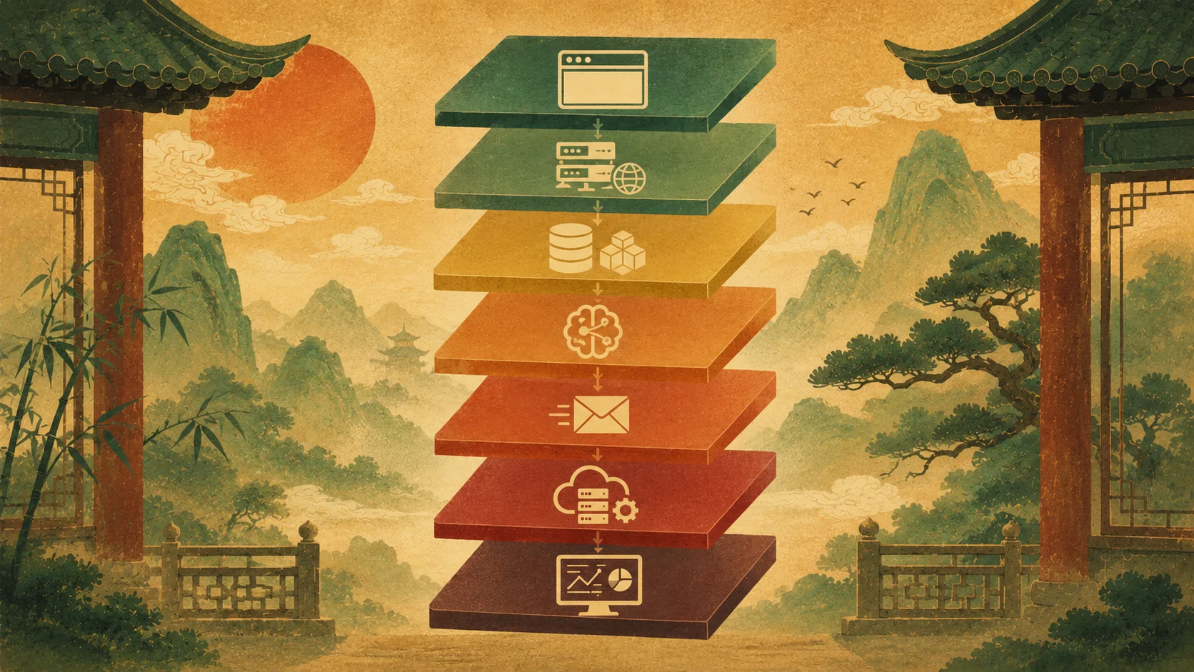 A seven-layer SaaS tech stack diagram, from browser at top to monitoring dashboard at bottom.