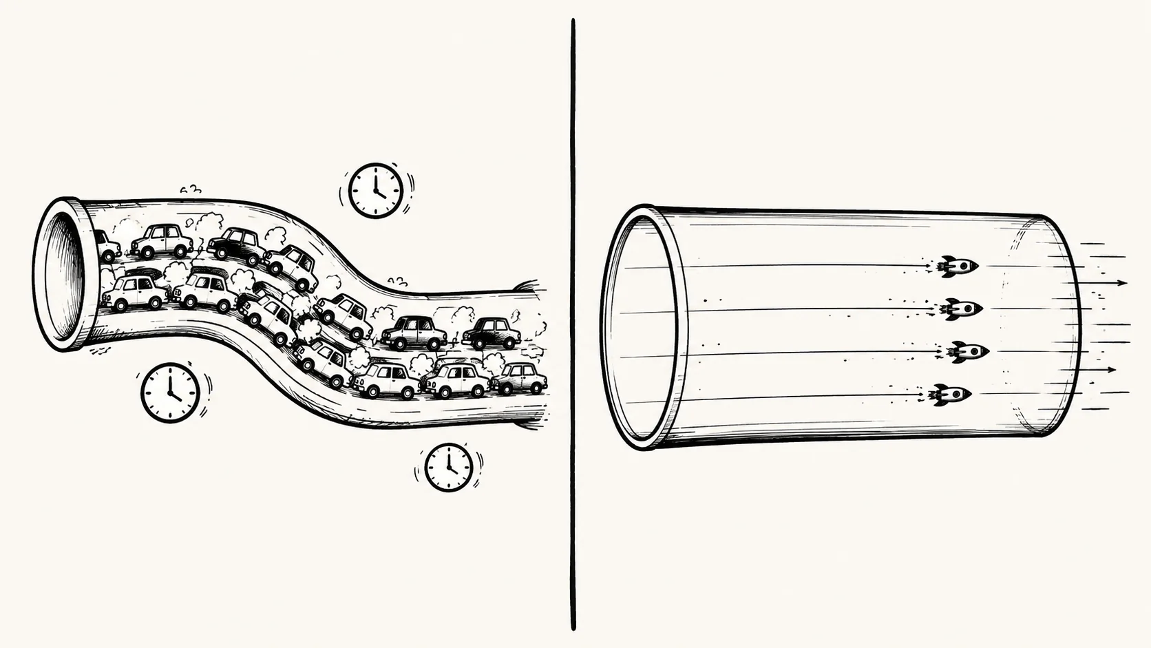 Split-panel hand-drawn illustration contrasting a clogged request queue with a smooth, high-speed multiplexed stream.