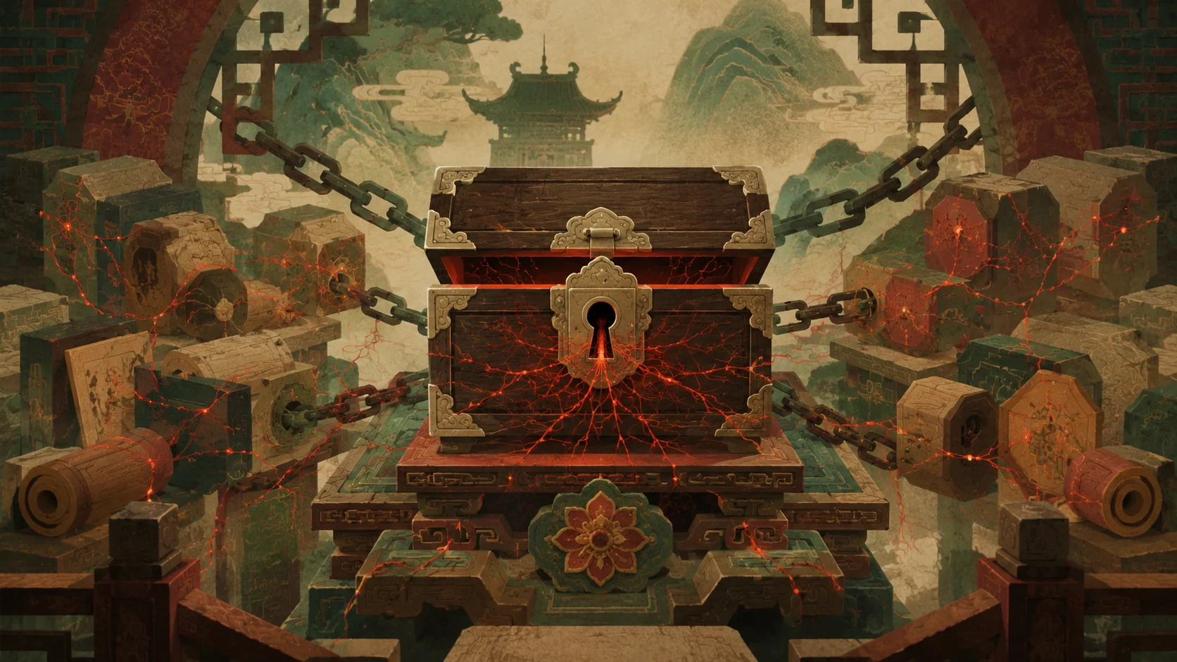 Modern Guofeng illustration of a wooden lock box breached by red circuitry, depicting the keyv npm supply chain attack.