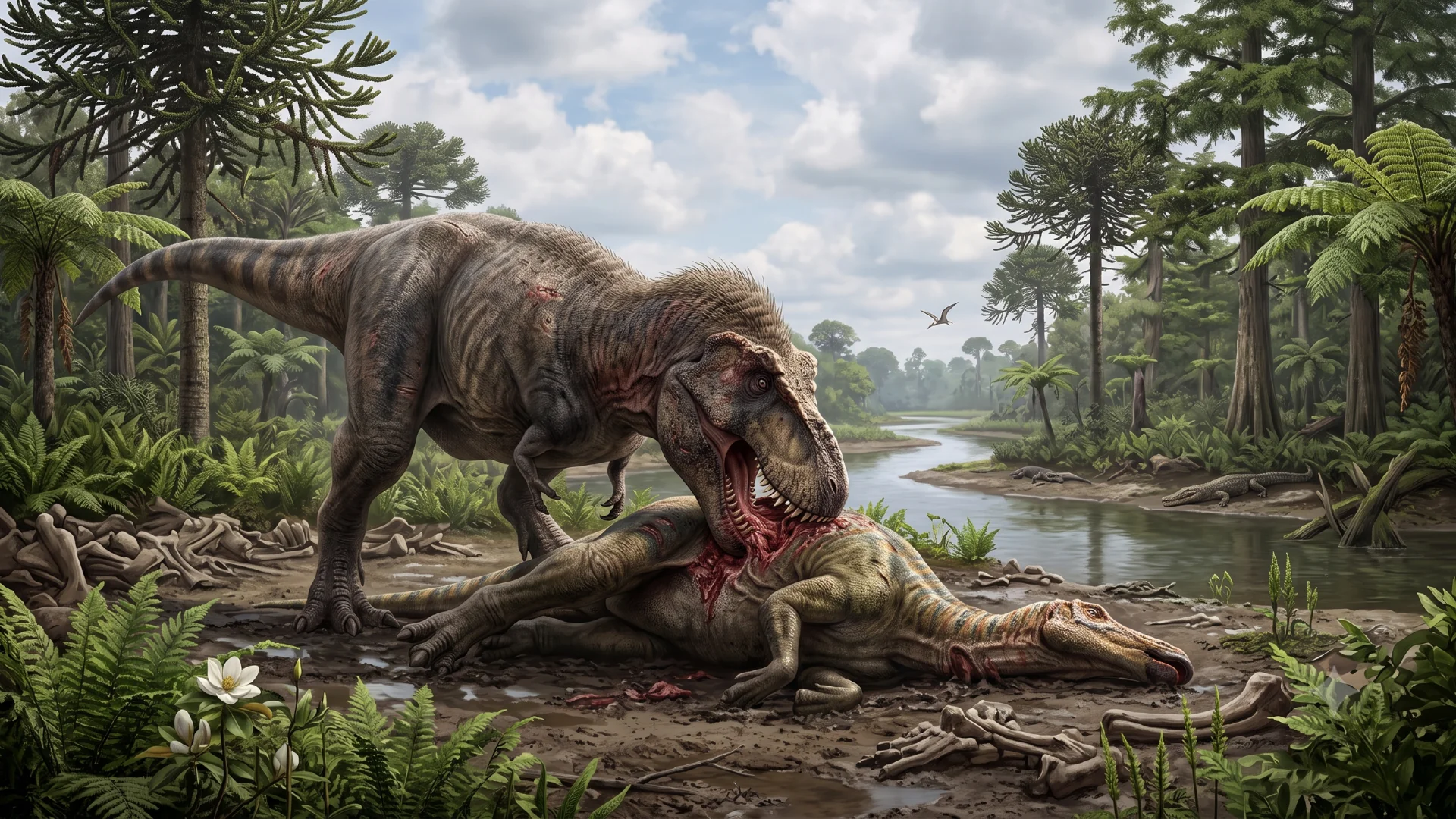 T-rex scavenging an Edmontosaurus carcass in a Cretaceous bonebed.