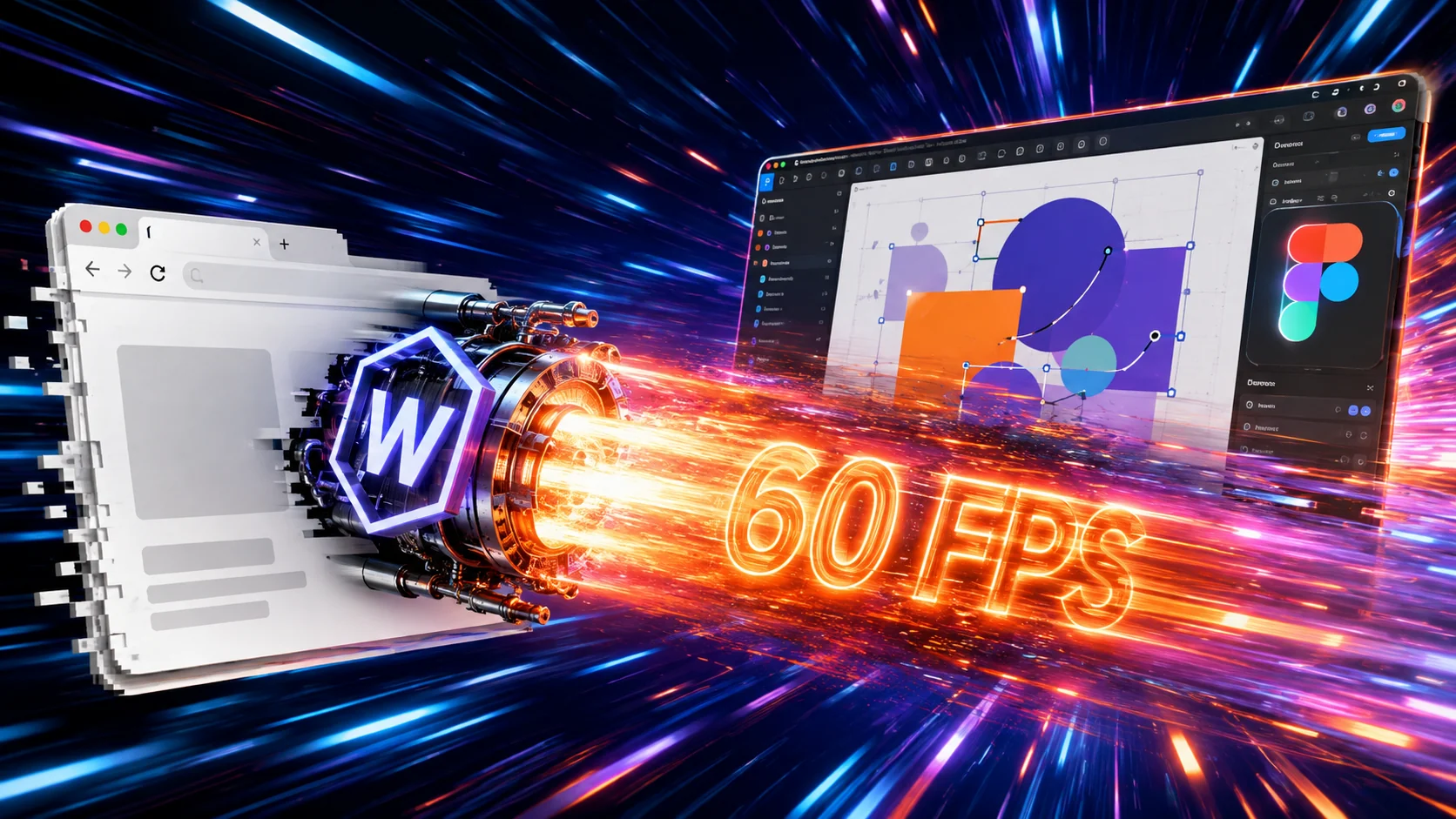 Conceptual diagram showing WebAssembly engine boosting Figma canvas rendering to 60 FPS in a web browser.