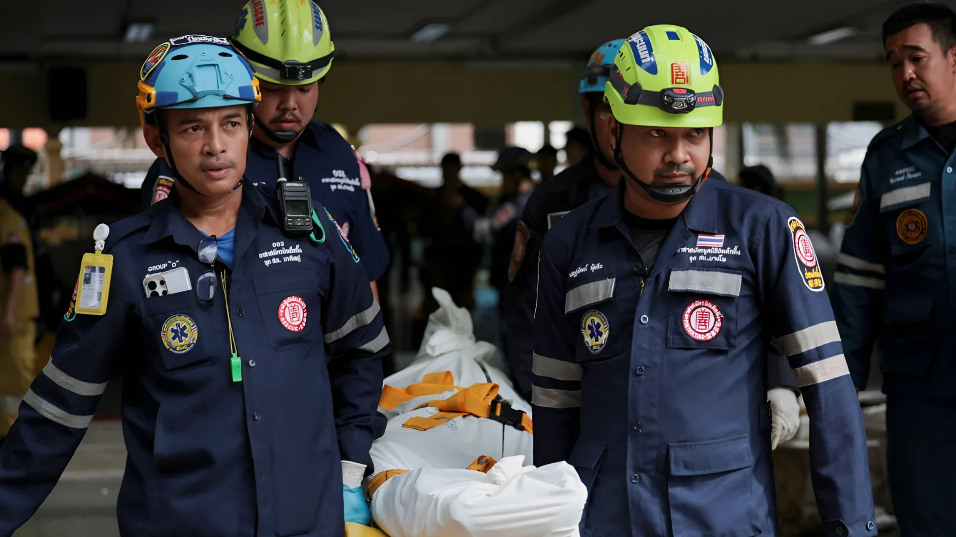 Emergency personnel remove the deceased at Debsirin Nonthaburi School following the shooting incident on Friday. Chaline