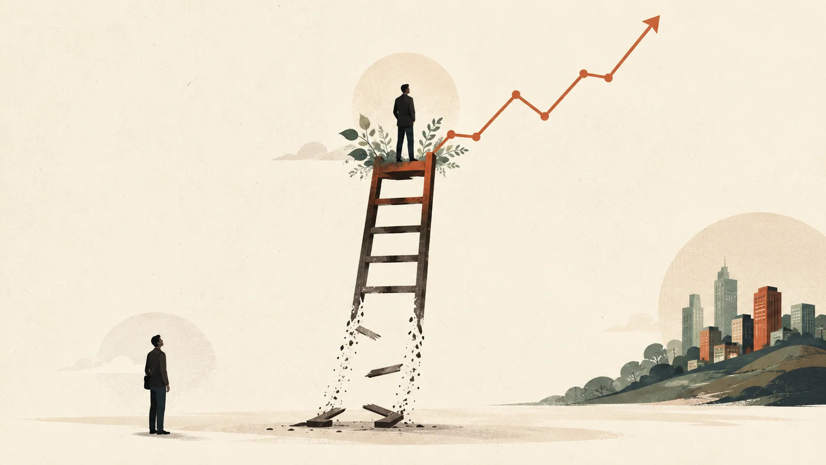 A broken wooden ladder with its top rungs transforming into an upward economic graph.