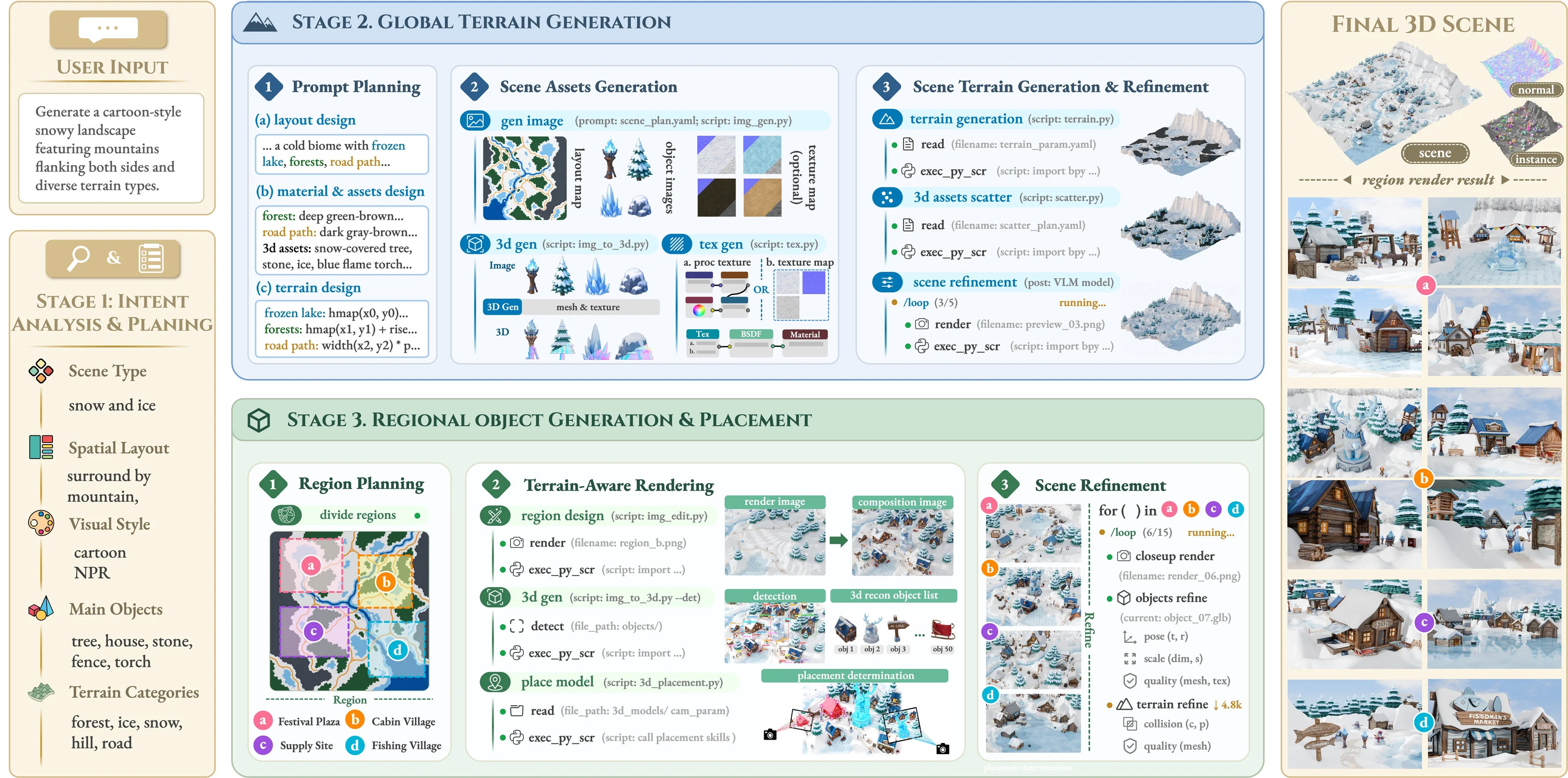 WorldClaw pipeline diagram showing text-to-3D scene generation stages.