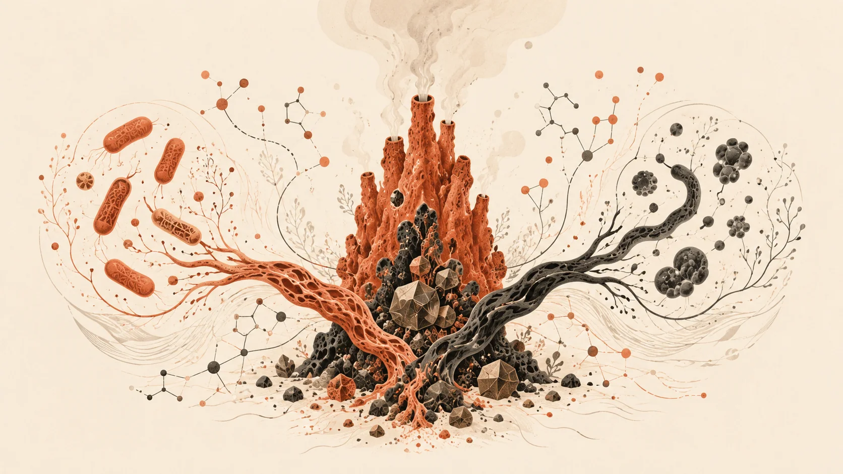 Editorial illustration symbolizing the parallel evolution of bacteria and archaea from hydrothermal vents. Credit: AI/By