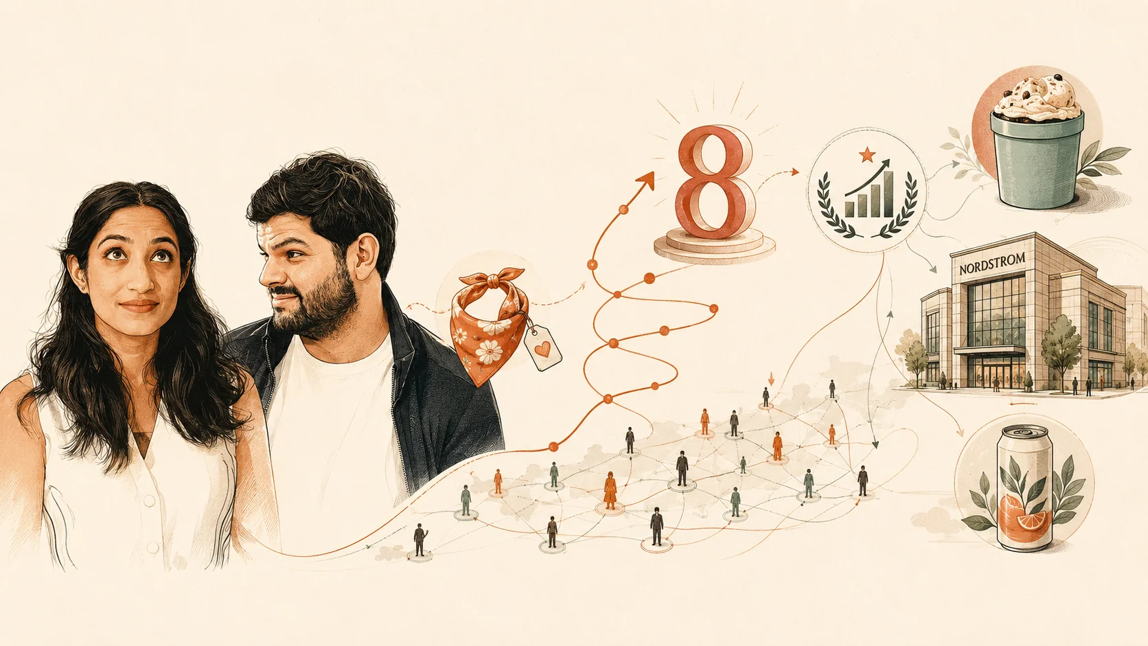 Journalistic vector illustration of Kale co-founders Isha Patel and Luis Molina alongside key growth milestones from a $27 payout to an 8-figure business. Credit: AI/BytePith.