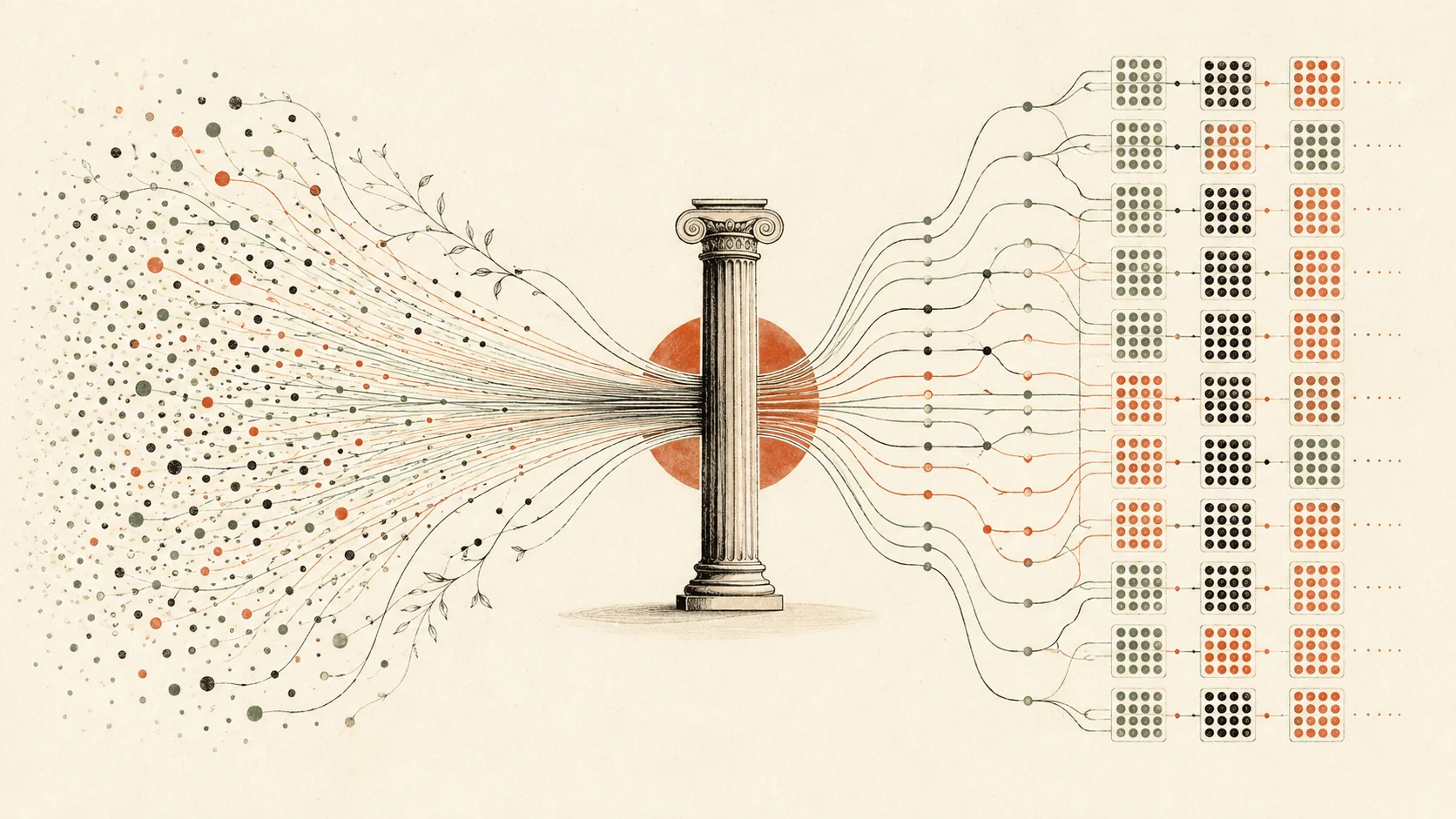 Editorial illustration of massive server concurrency and fan-in architecture with branching streams on parchment backgro