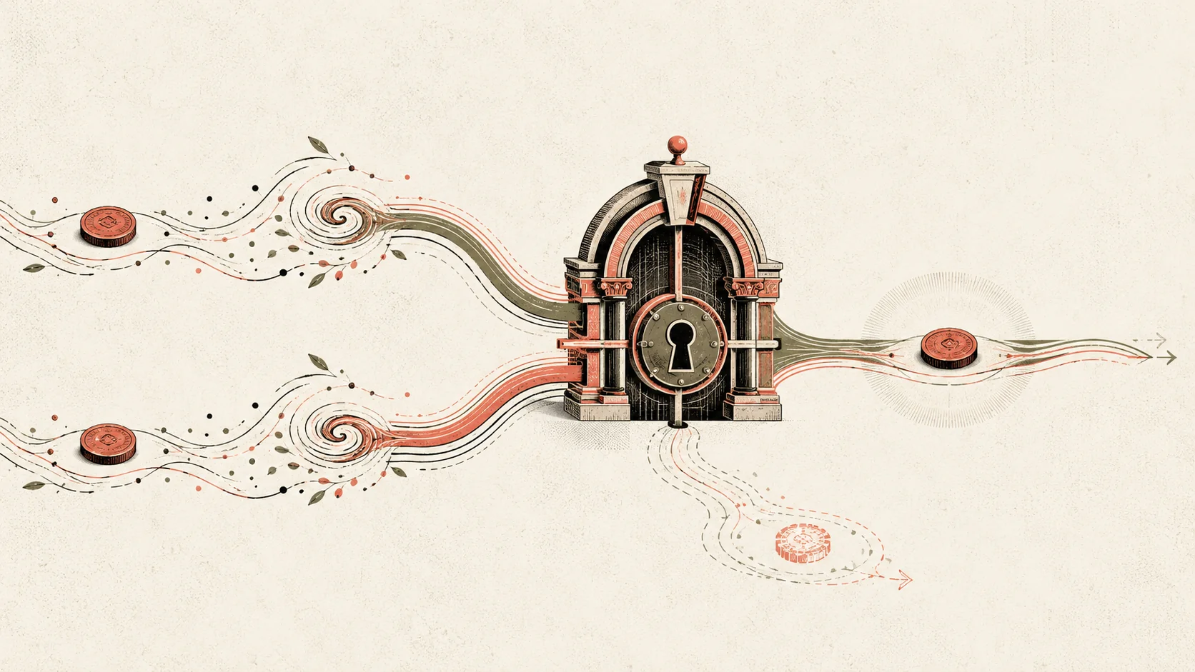 Editorial illustration of two racing transaction streams converging onto a single, interlocking gateway with a keyhole v