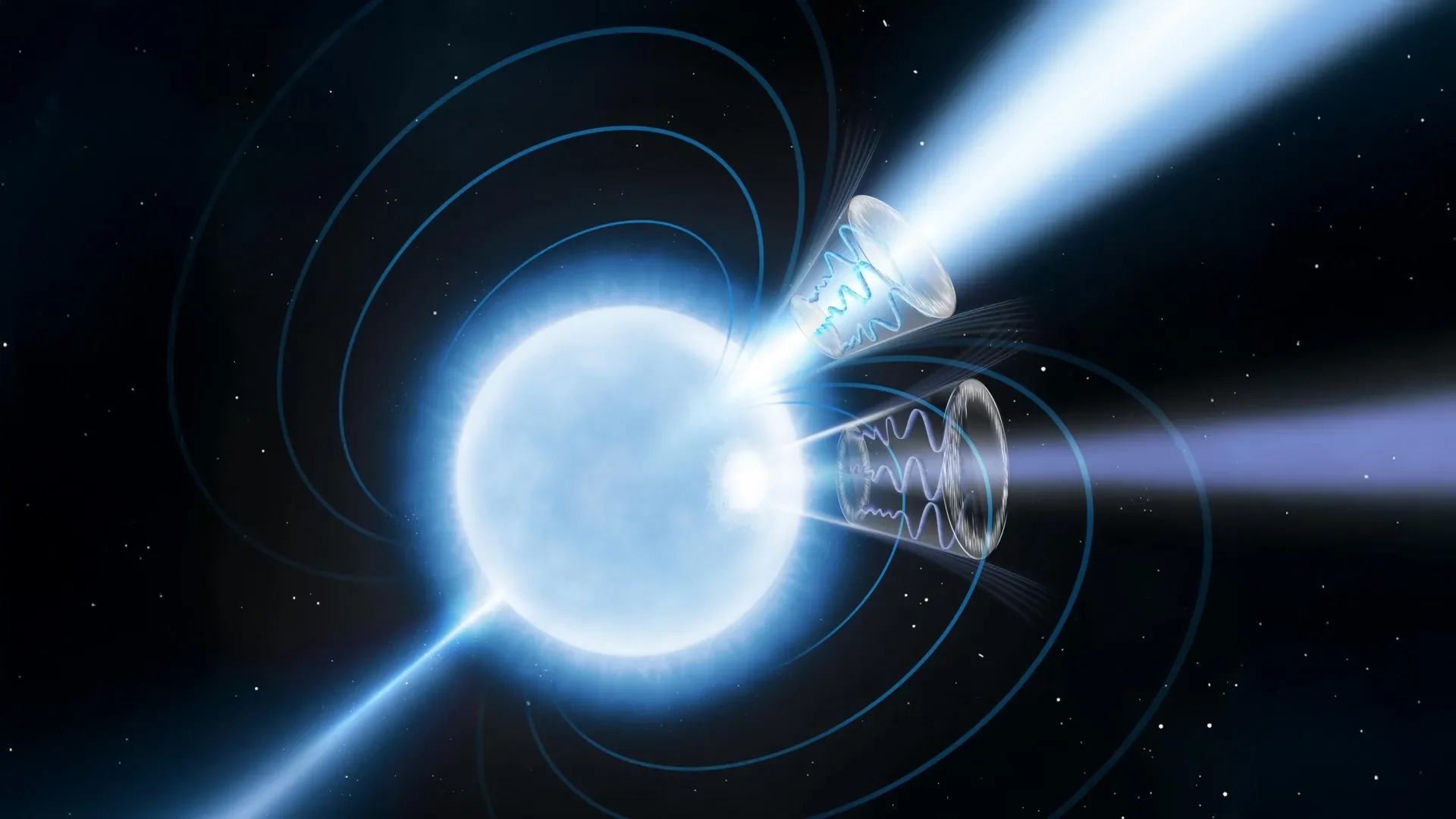 Artist's concept of magnetar 1E 1547.0-5408 showing magnetic field lines and offset radio and X-ray emission cones. Illu