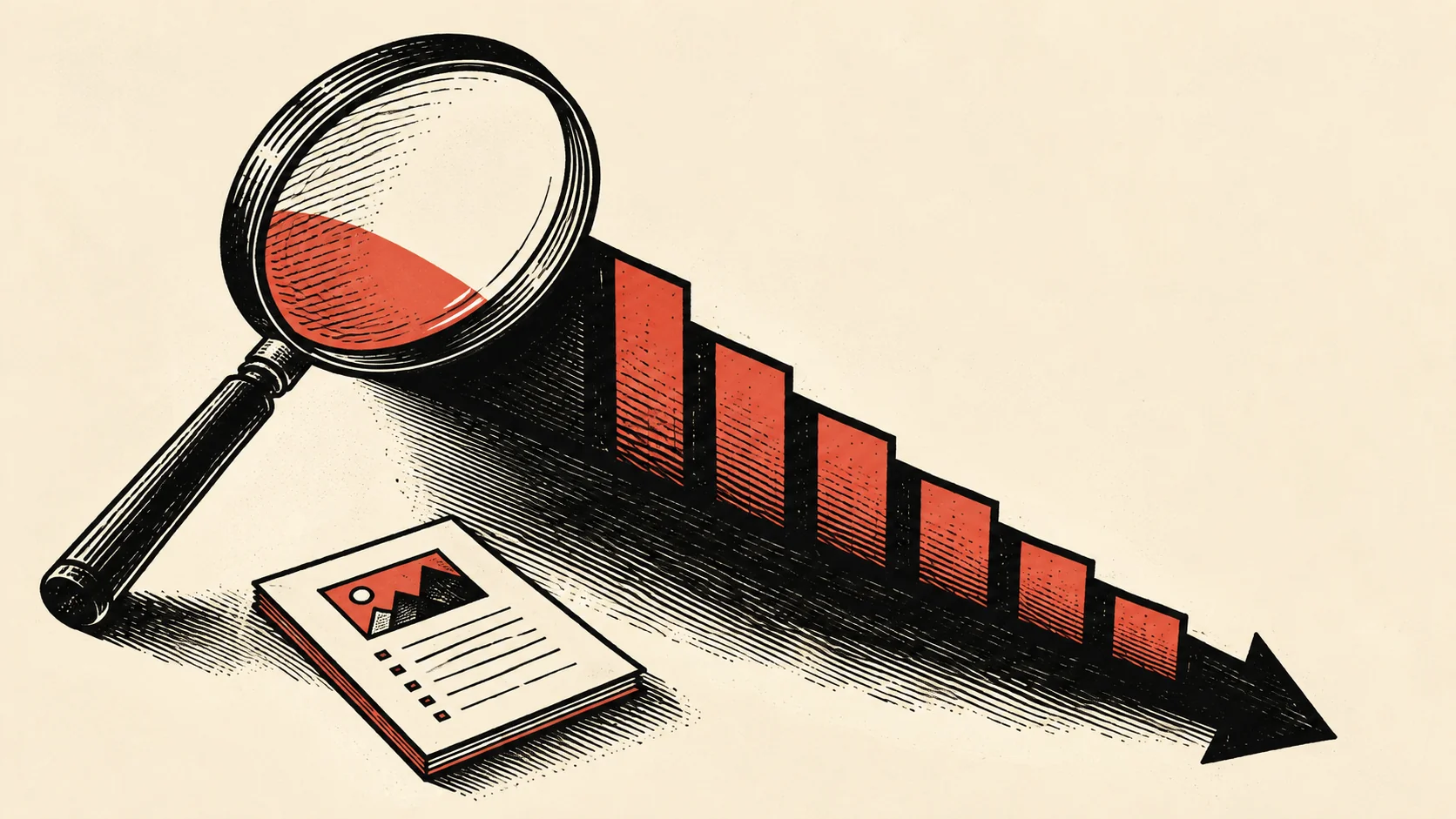 Magnifying glass and search result decline chart. Photo: AI/BytePith