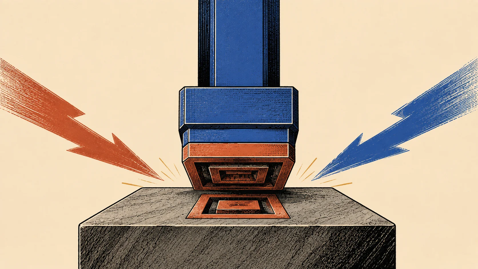 Minimalist editorial linocut illustration of a mechanical key stamping an identical imprint onto stone as two arrows mer