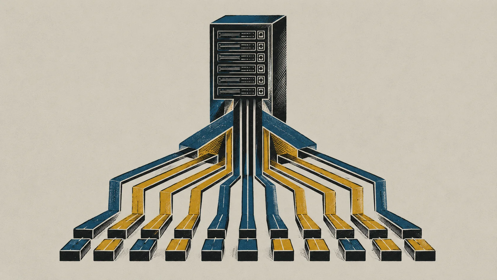 A linocut-style illustration depicting a server tower branching out into a grid of parallel conduits, serving as a metap