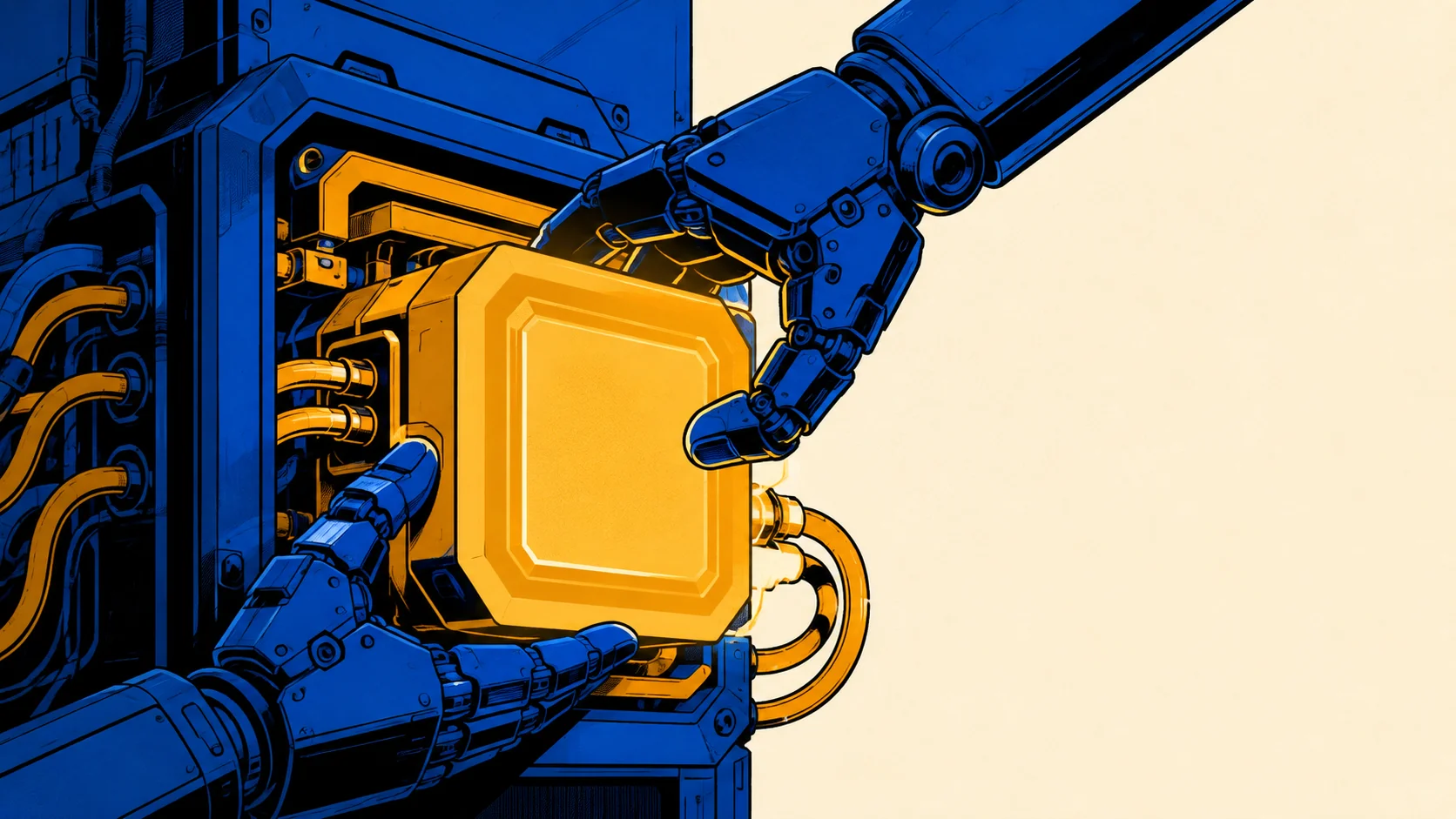 Vector illustration of mechanical hands locking a glowing blue and amber core into an industrial server. Photo: AI/ByteP