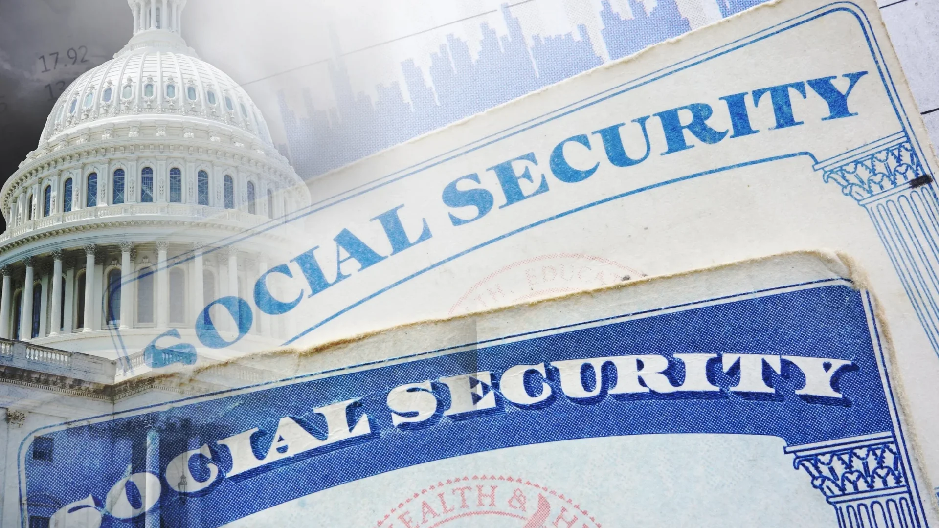 Social Security cards and the US Capitol dome overlay with a payment chart. Photo: zimmytws via Shutterstock.