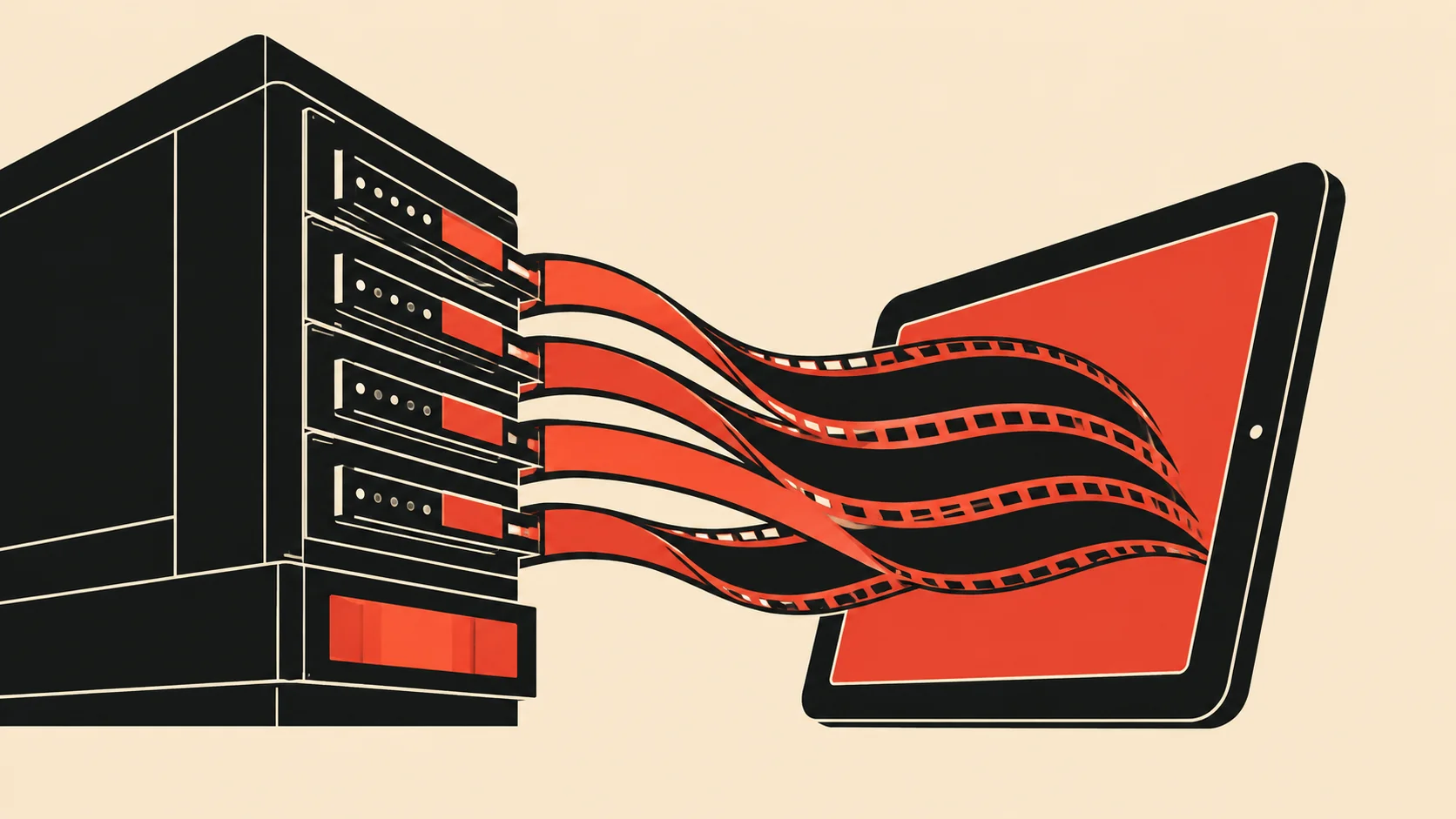 Editorial vector illustration of a network server unit flowing into video ribbons that connect to a tablet screen. Photo