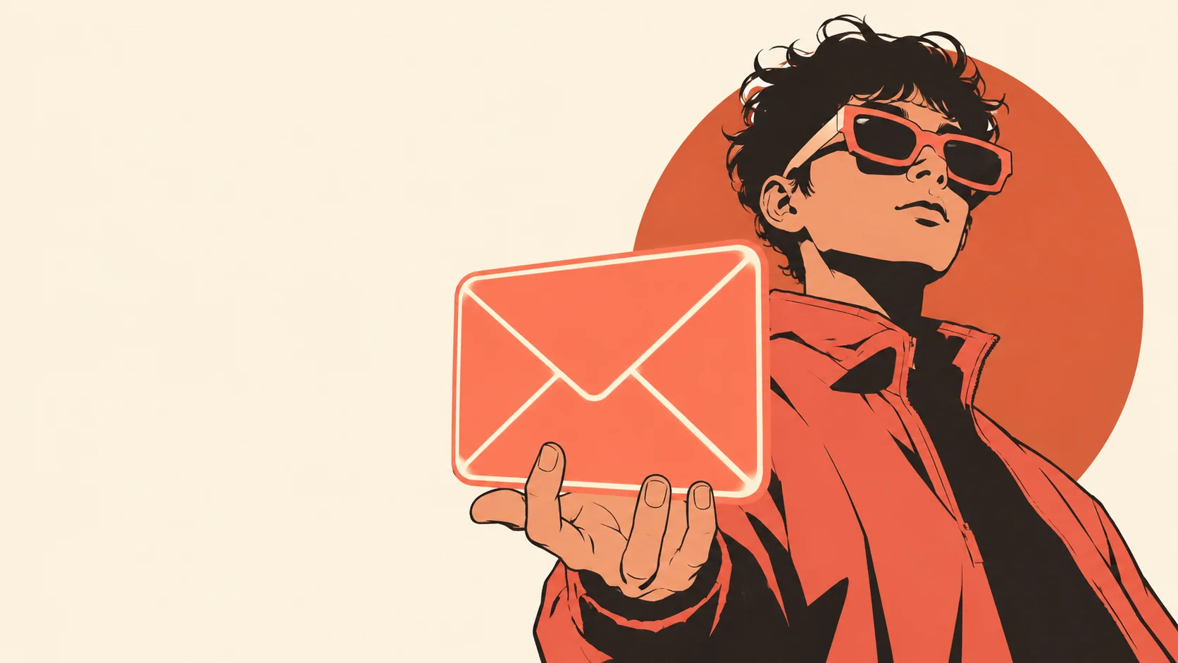 Editorial vector illustration of a stylish Gen Z youth holding an oversized glowing mail envelope against a clean ivory 