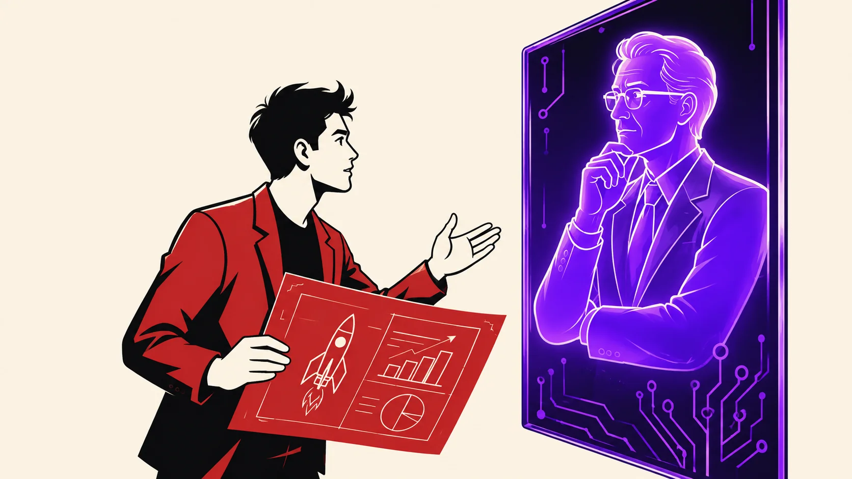 Founder pitches startup plan to AI professor avatar on screen. Photo: AI/BytePith.