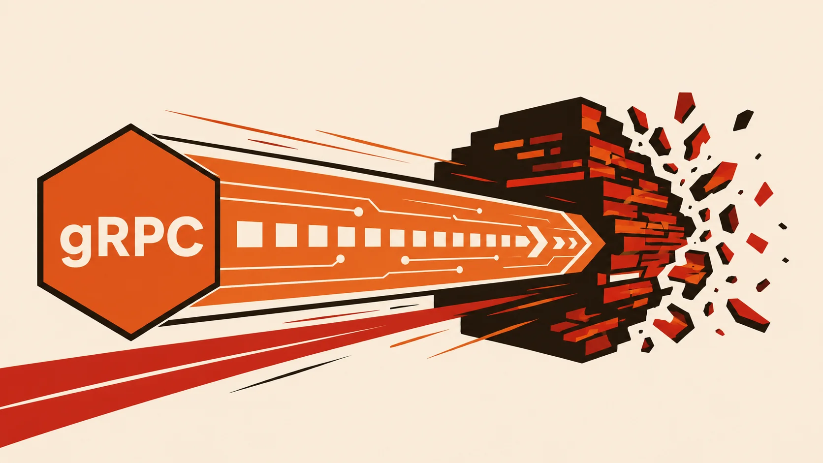Vector illustration of a fast binary data pipeline outpacing fragmented text data with a gRPC hexagon motif. Photo: AI/B