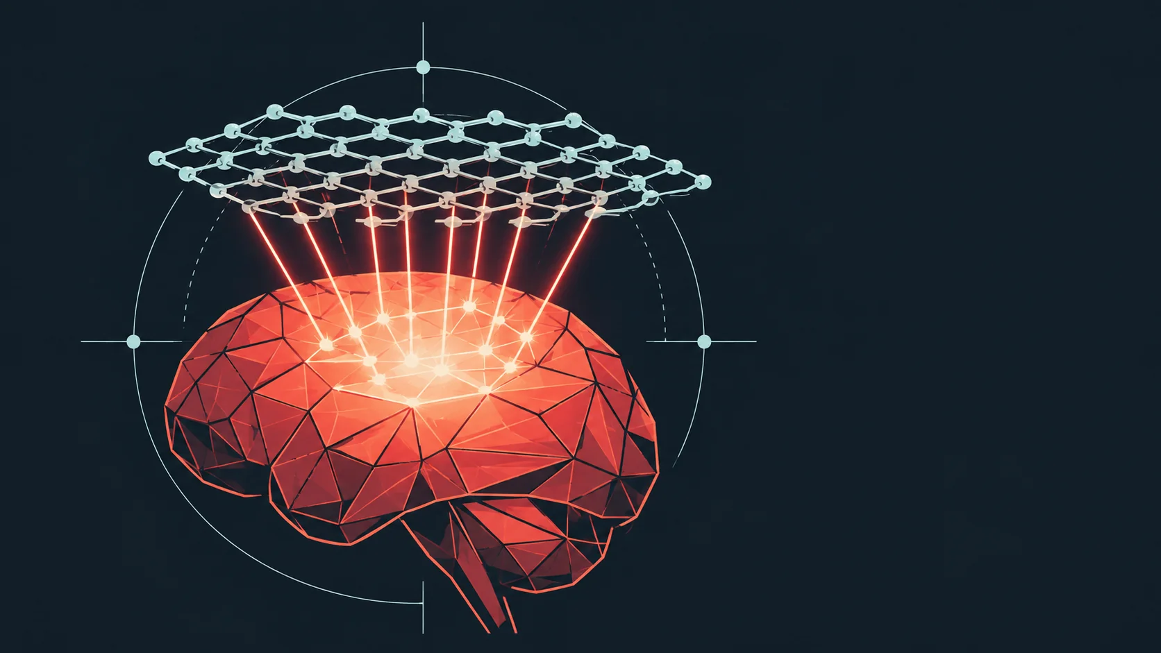 Vector illustration of a brain silhouette illuminated by a glowing infrared nanozyme lattice for targeted glioblastoma t