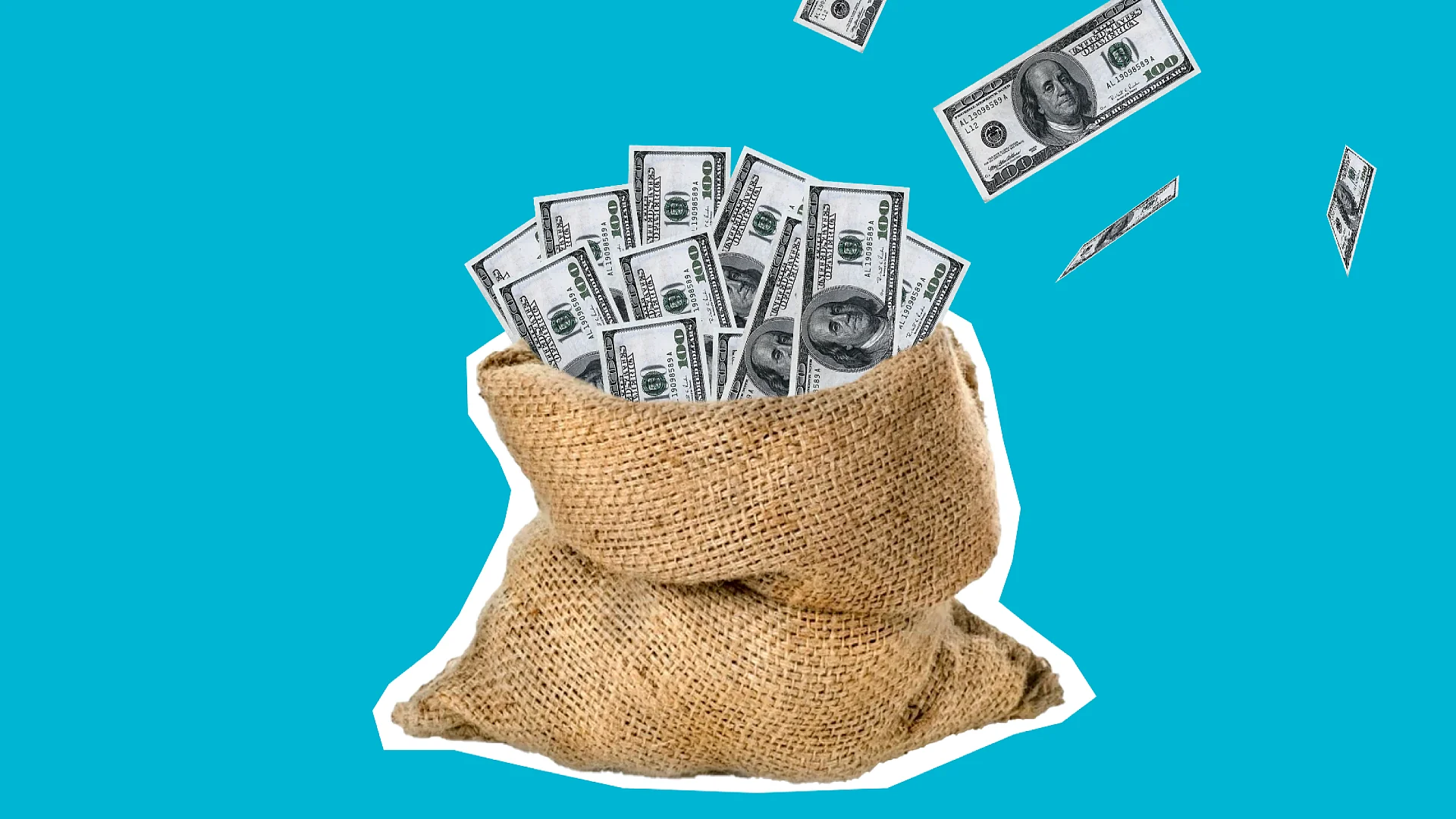 A burlap sack filled with hundred-dollar bills against a clean green background. Photo: Monstera Production.