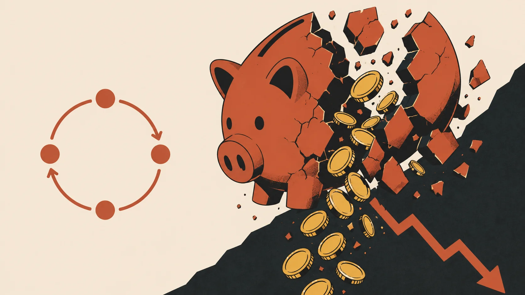 Editorial vector illustration of a cracked piggy bank spilling coins down a declining economic trendline. Photo: AI/Byte