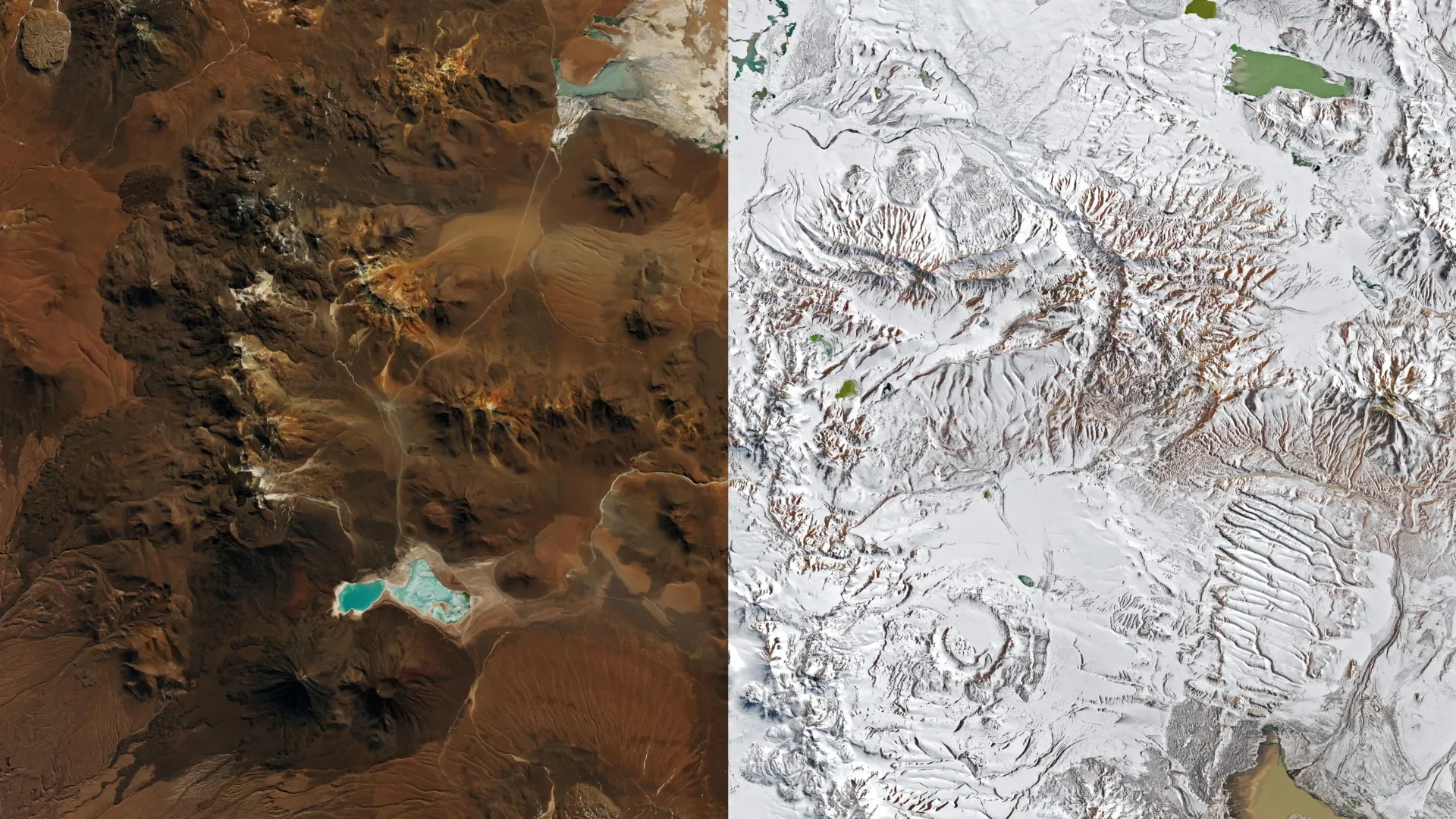 Split satellite comparison showing Chile's Chajnantor Plateau in the Atacama Desert: brown, arid terrain on August 6, 20