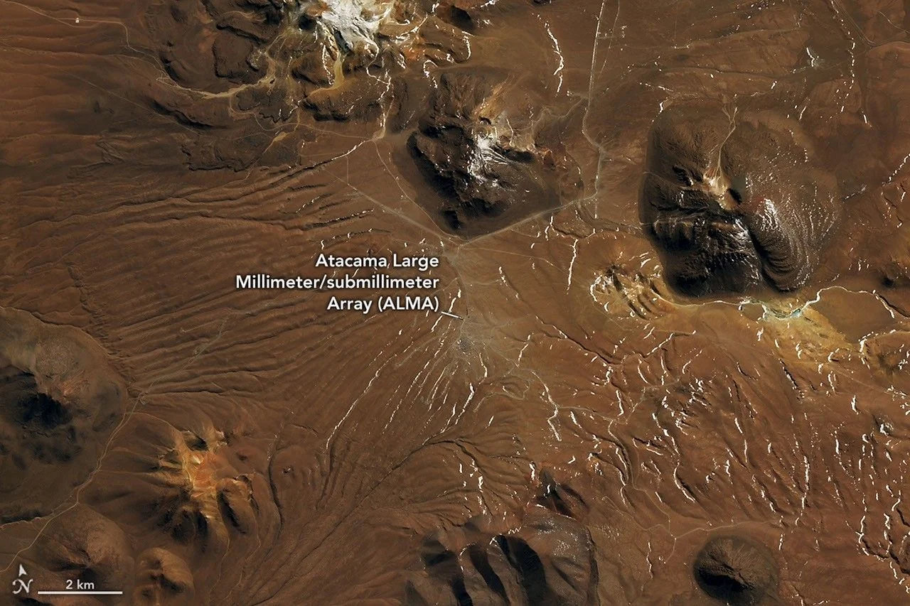 Satellite view of the dry, brown Chajnantor Plateau in Chile's Atacama Desert on August 6, 2026, with the ALMA telescope site marked. Photo by: NASA Earth Observatory.