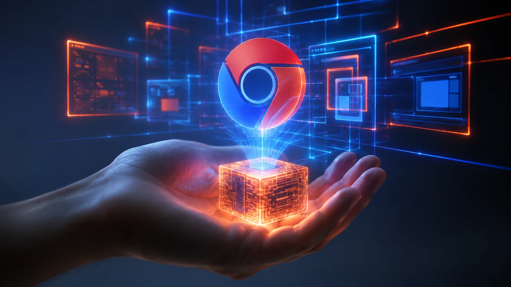 Hand holding a glowing 3D block with blue energy and Chrome logo. Photo: AI/BytePith.