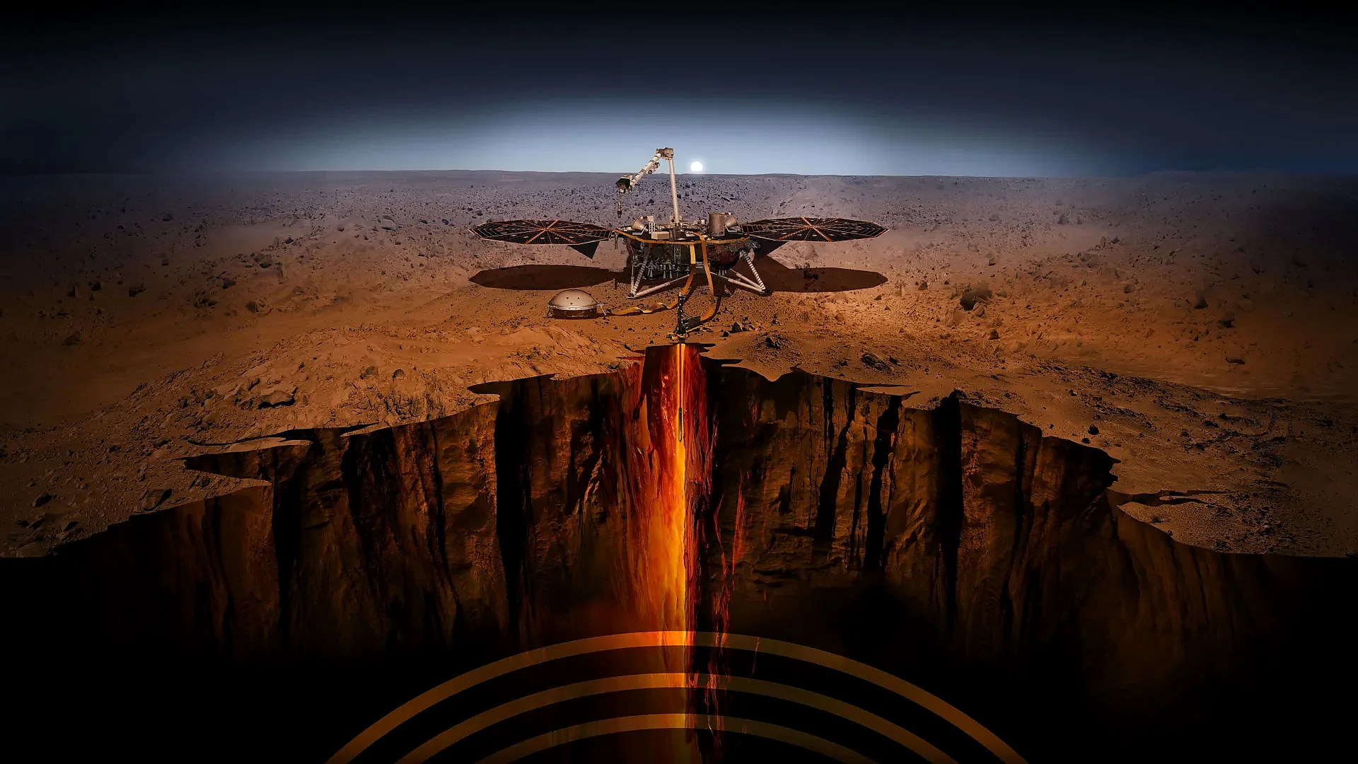 Artist's illustration of NASA's InSight lander on the Martian surface studying underground geology. Illustration: NASA/J