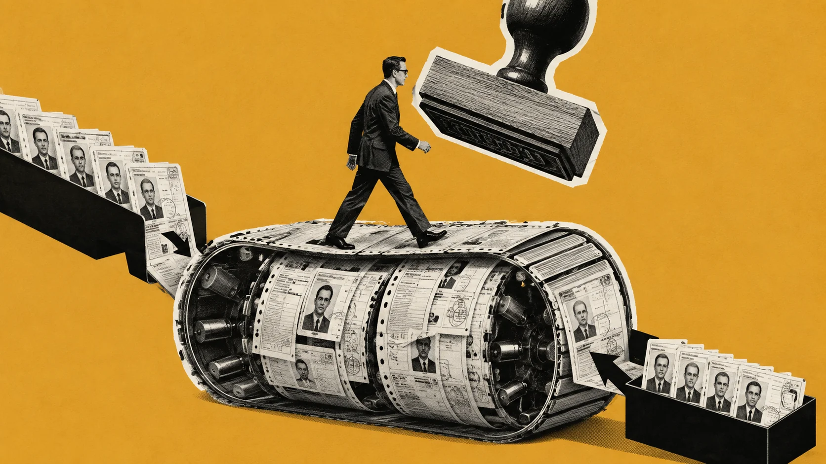 Editorial collage of an archival monochrome clerk trapped walking on a giant paper and stamp treadmill against a flat oc