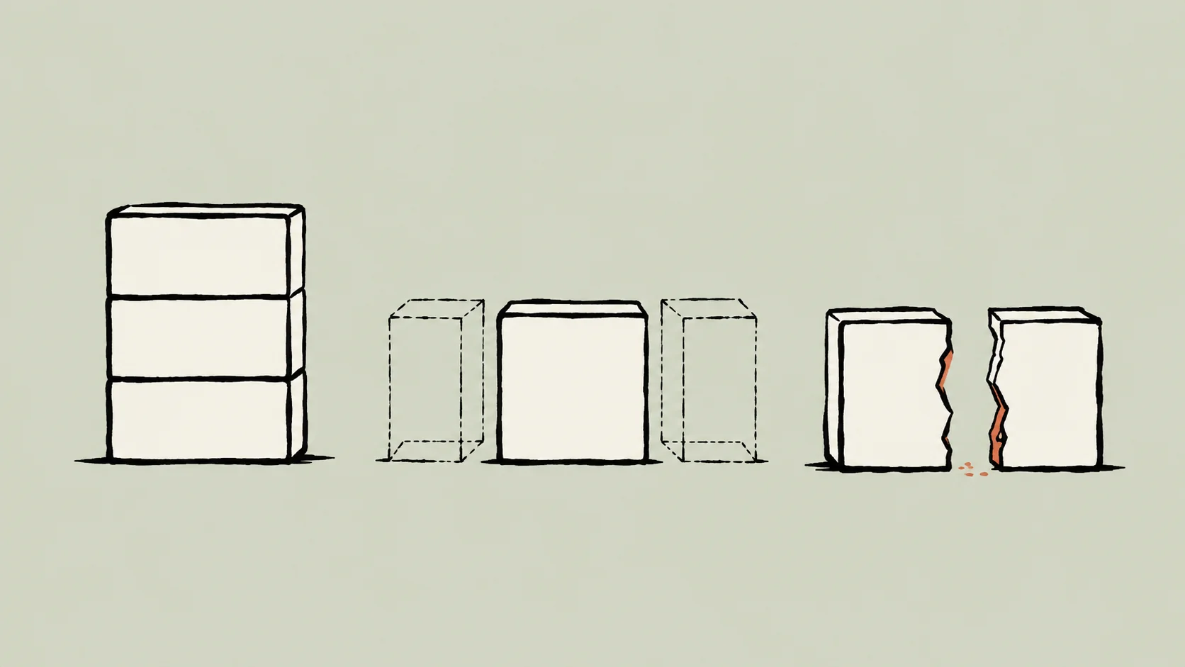 Minimalist editorial illustration of three ivory geometric blocks showing different ways to split mass: sliced layers, d
