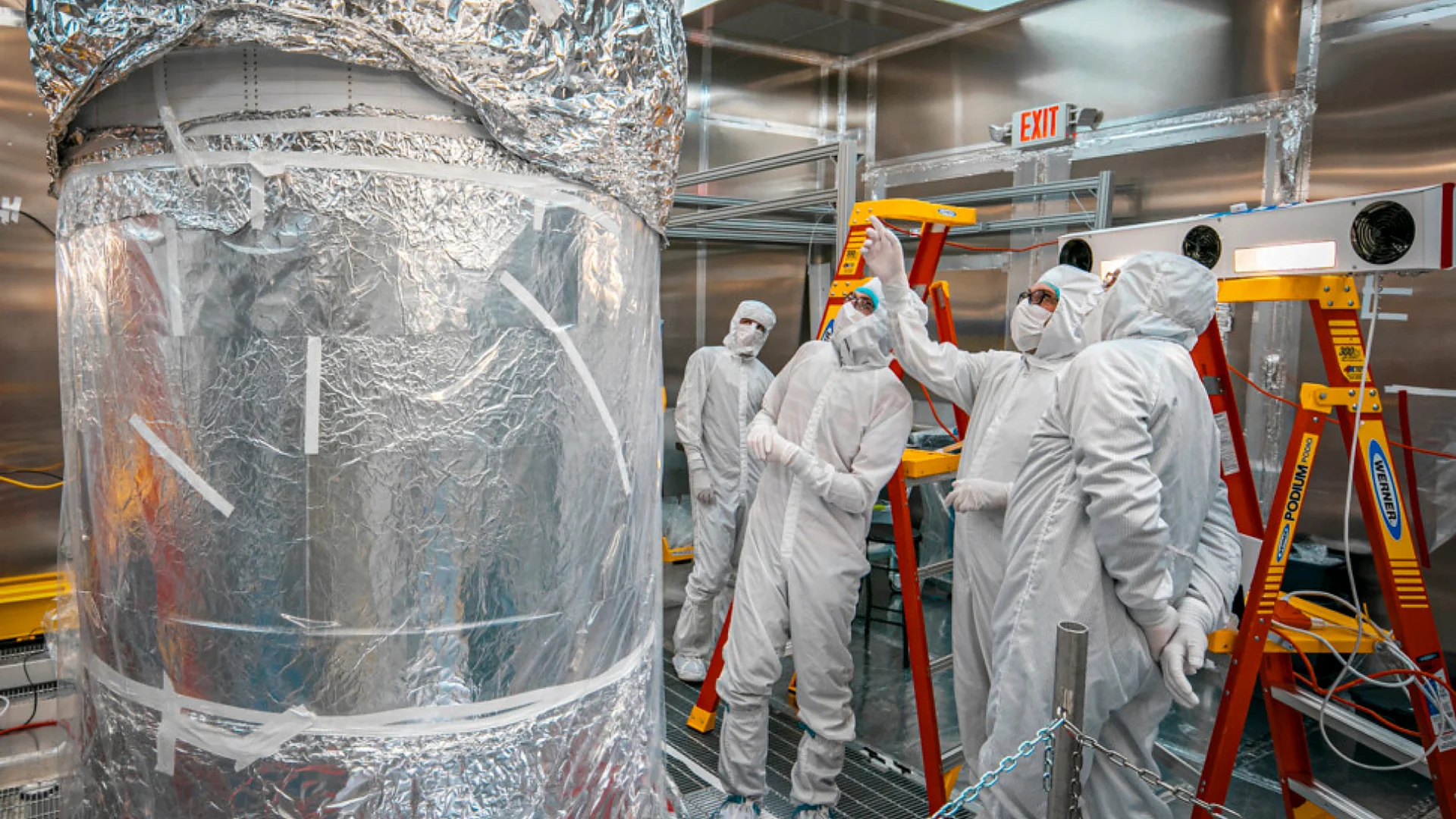 The LUX-ZEPLIN liquid xenon dark matter detector in a surface lab before underground installation. Photo: Matthew Kapust/Sanford Underground Research Facility.