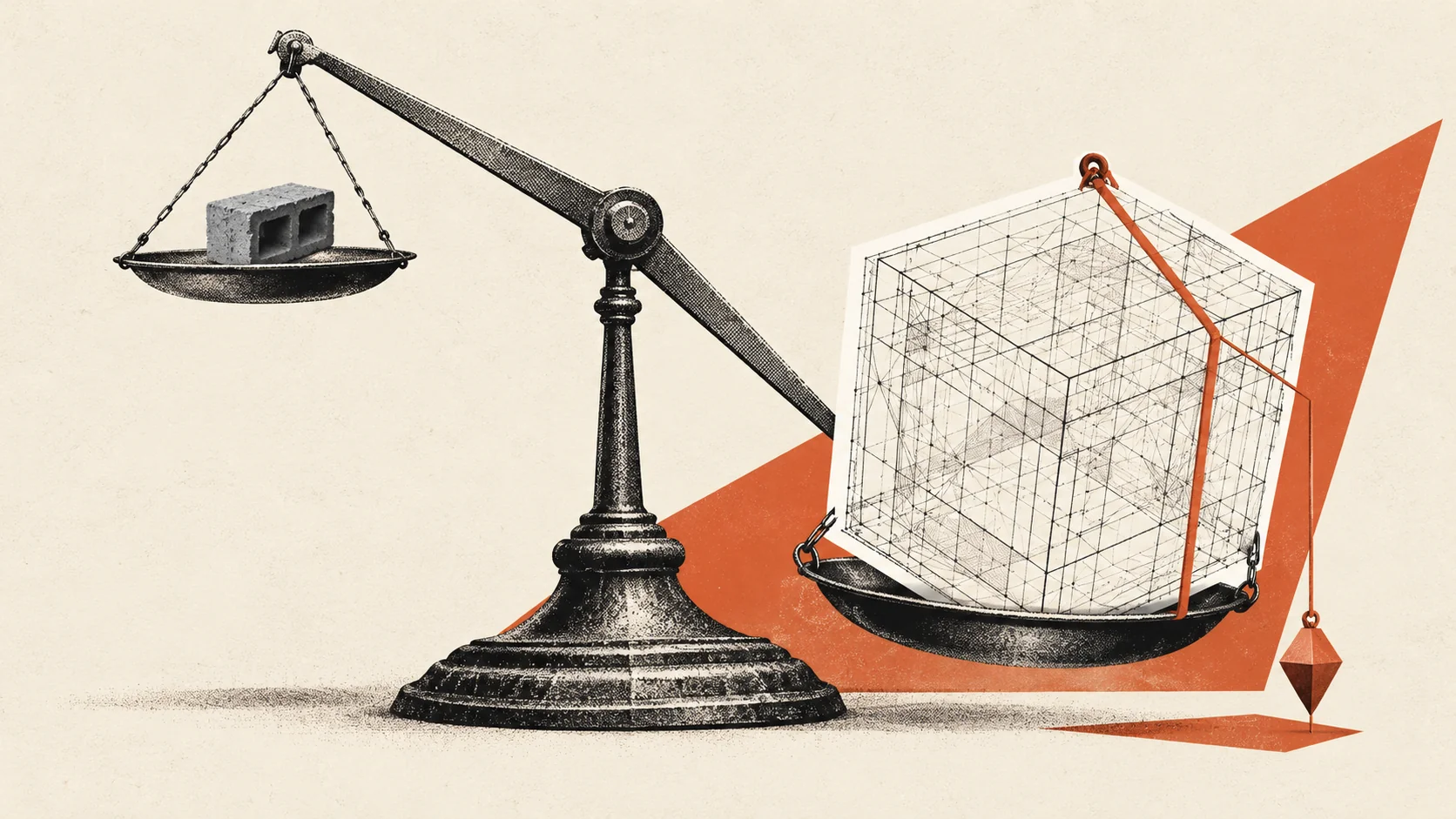 Conceptual editorial collage of a vintage balance scale where a colossal hollow paper cube outweighs a tiny concrete cin