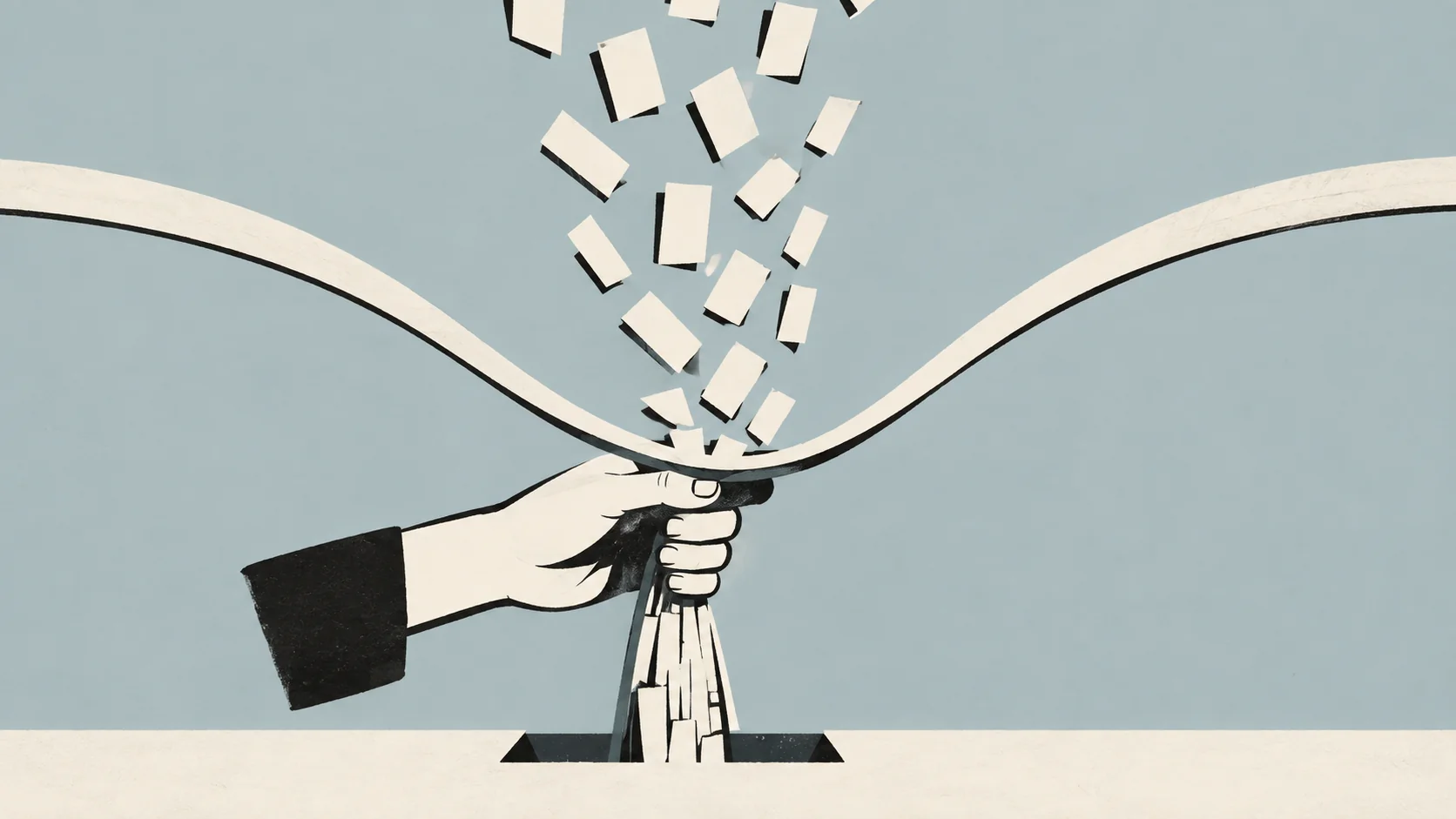 Minimalist editorial illustration showing a hand bundling multiple falling blocks into a single column on a muted slate 