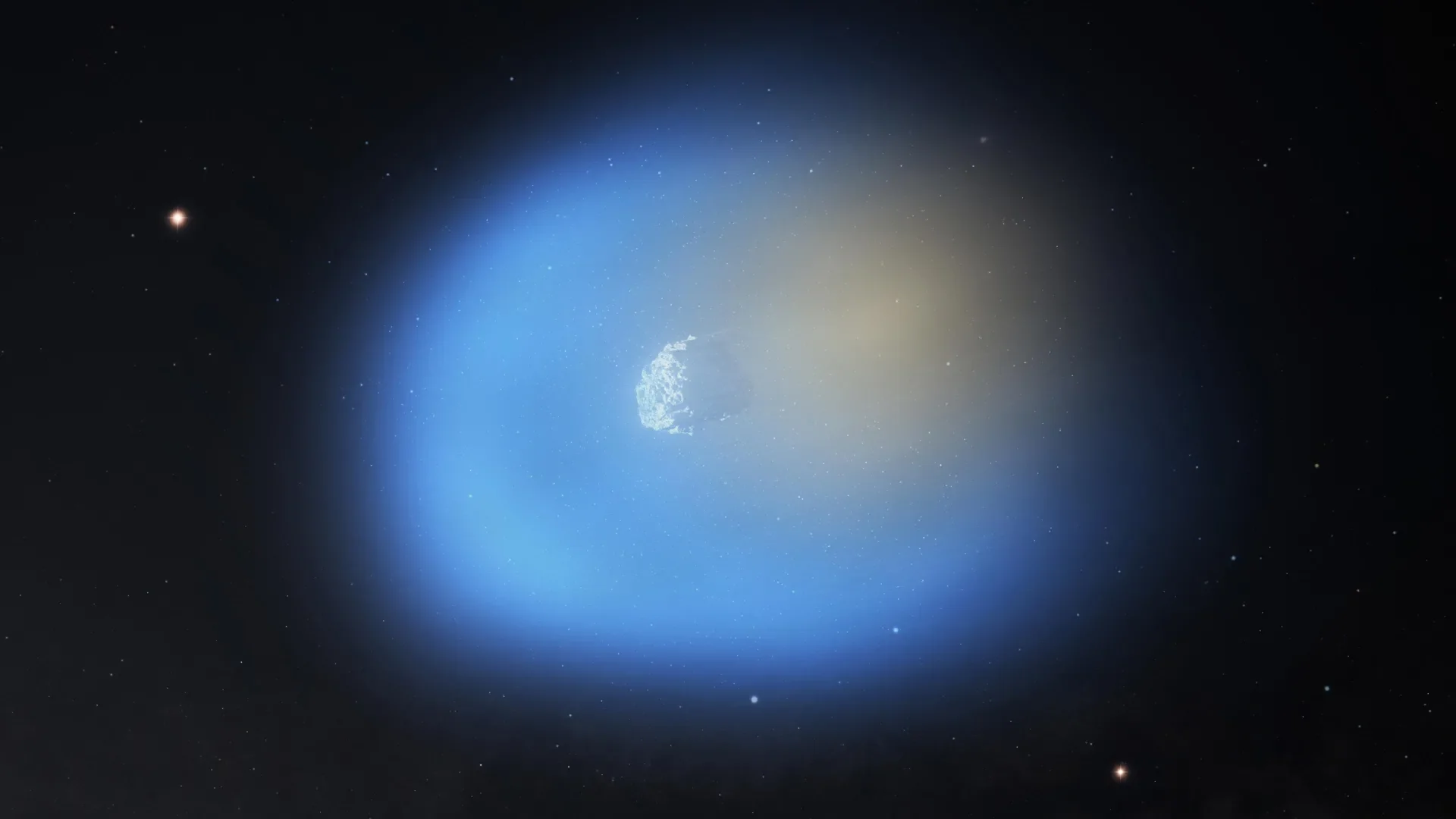Artist impression of comet 3I/ATLAS passing the Sun with methanol in blue and hydrogen cyanide in orange. Illustration: 