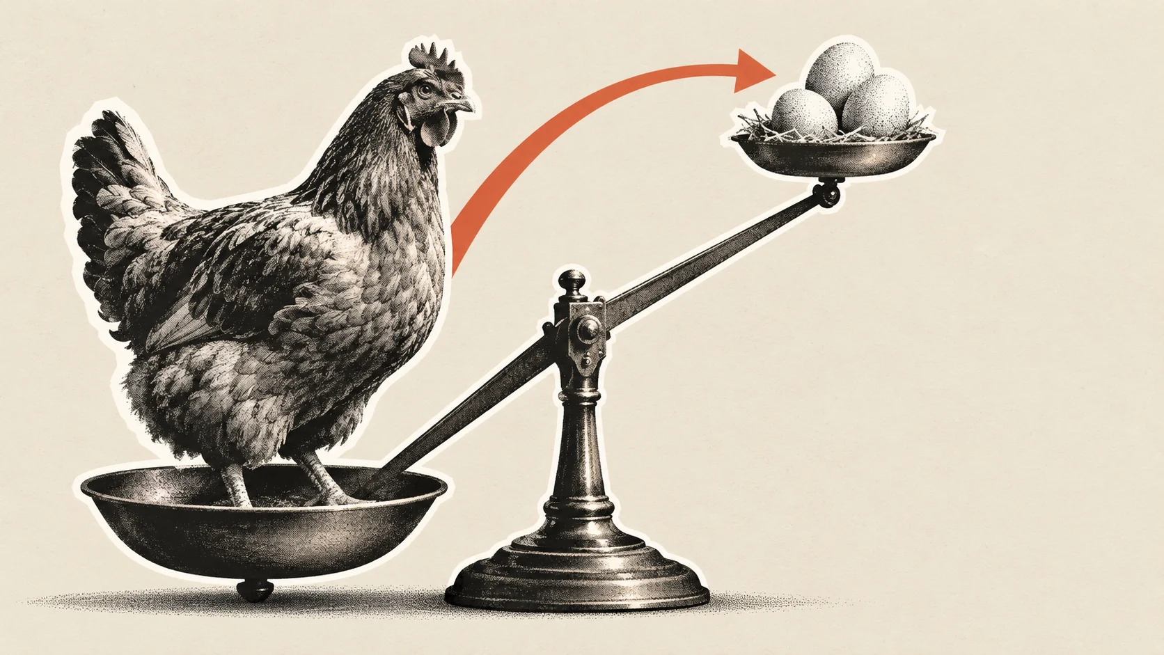 A hen and eggs on the scales. Photo: AI/BytePith.