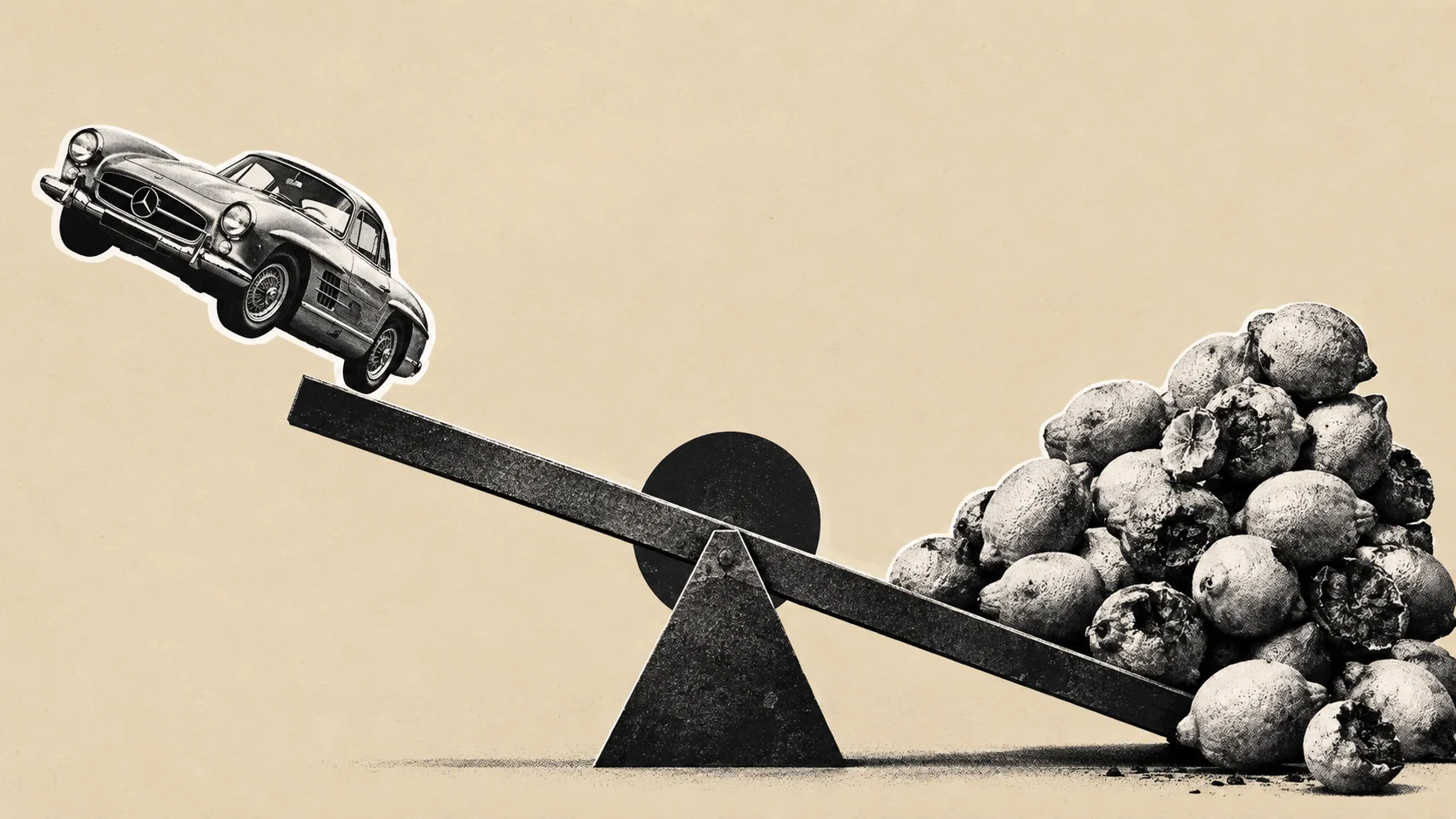 A seesaw tipped by a pile of lemons catapulting a vintage luxury car into the air. Photo: AI/BytePith.
